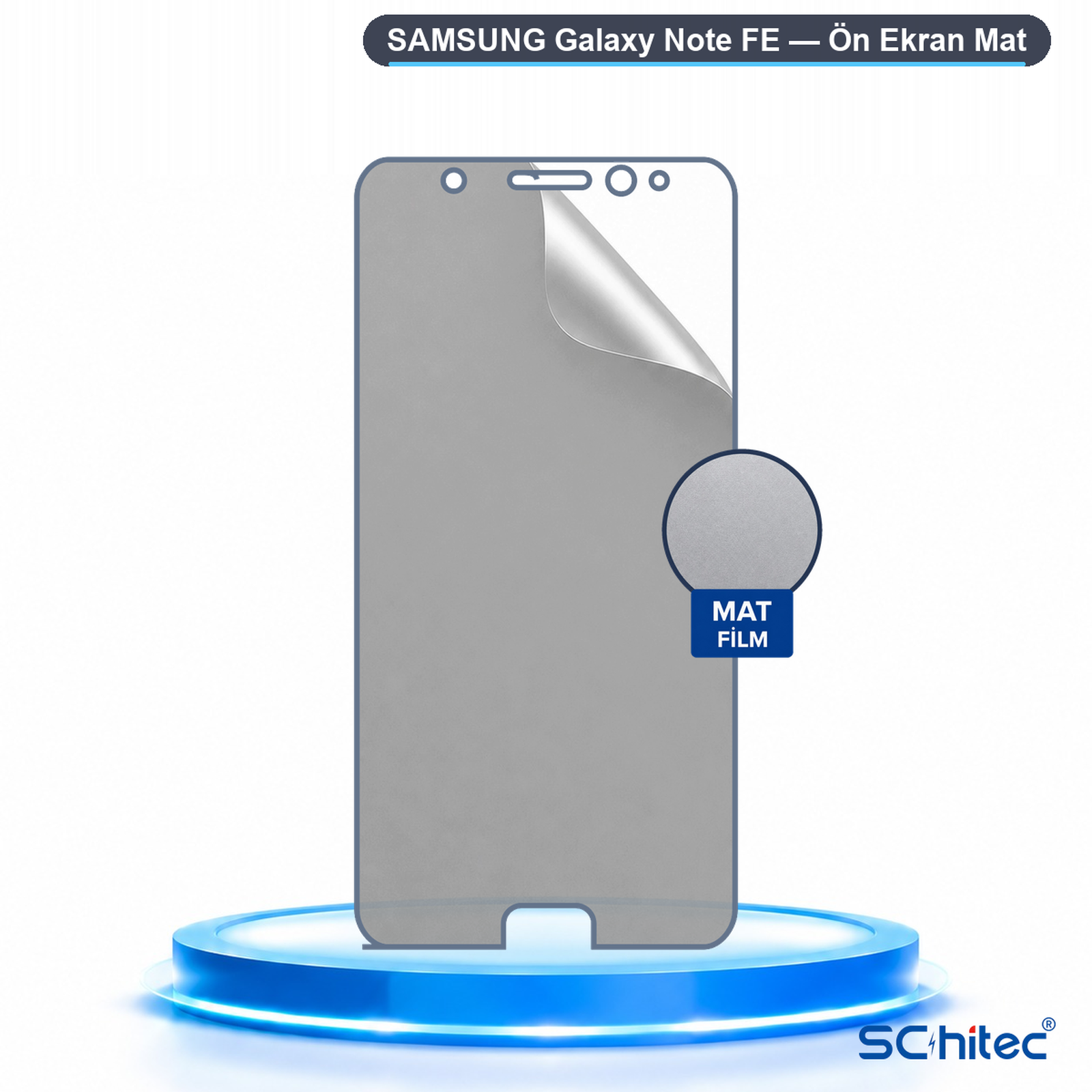 Mavi yanan bir podyum üzerinde Samsung Galaxy Note FE mat ekran koruyucu.