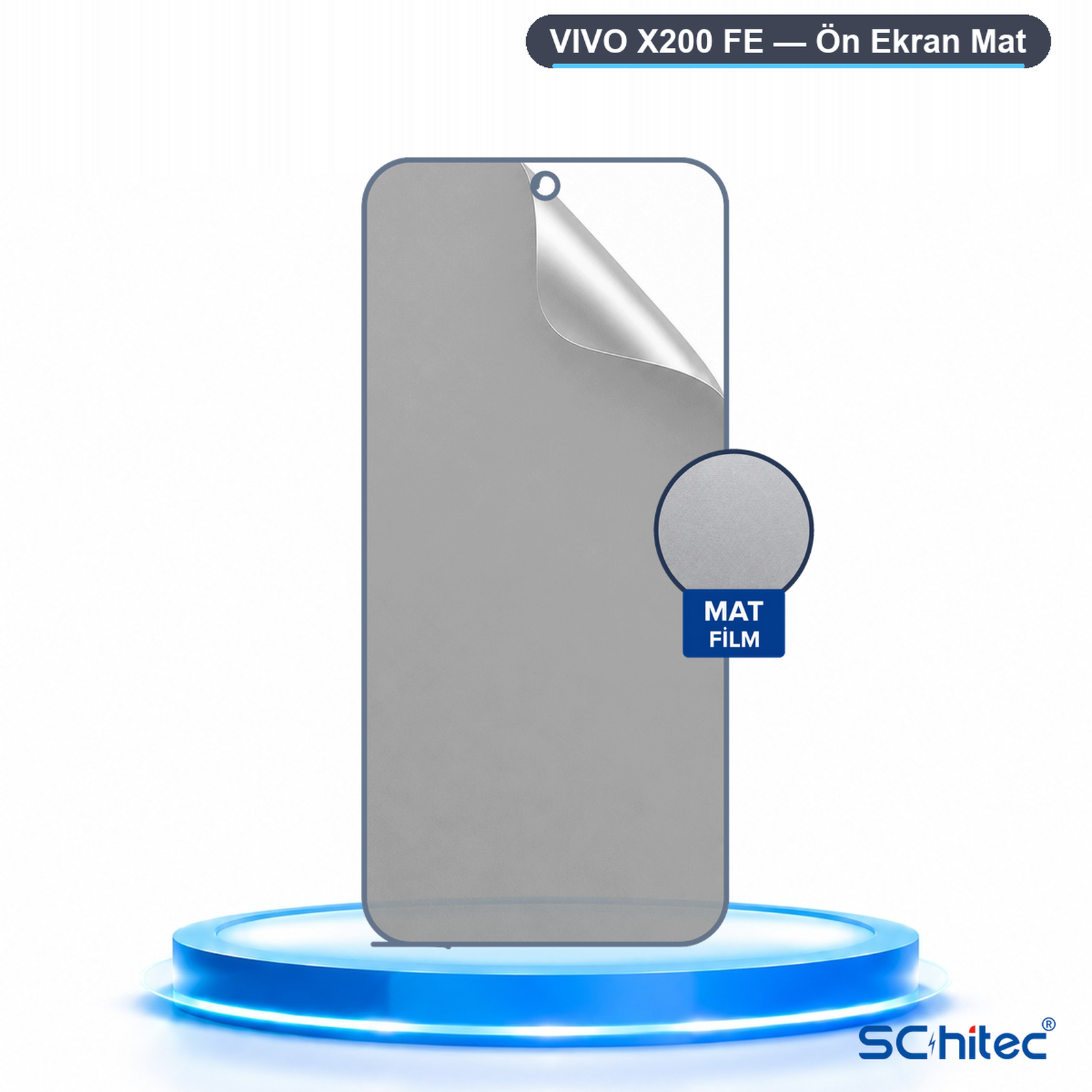 Vivo X200 FE için mat ekran koruyucu film, parlayan mavi bir kaide üzerinde gösterilmektedir.