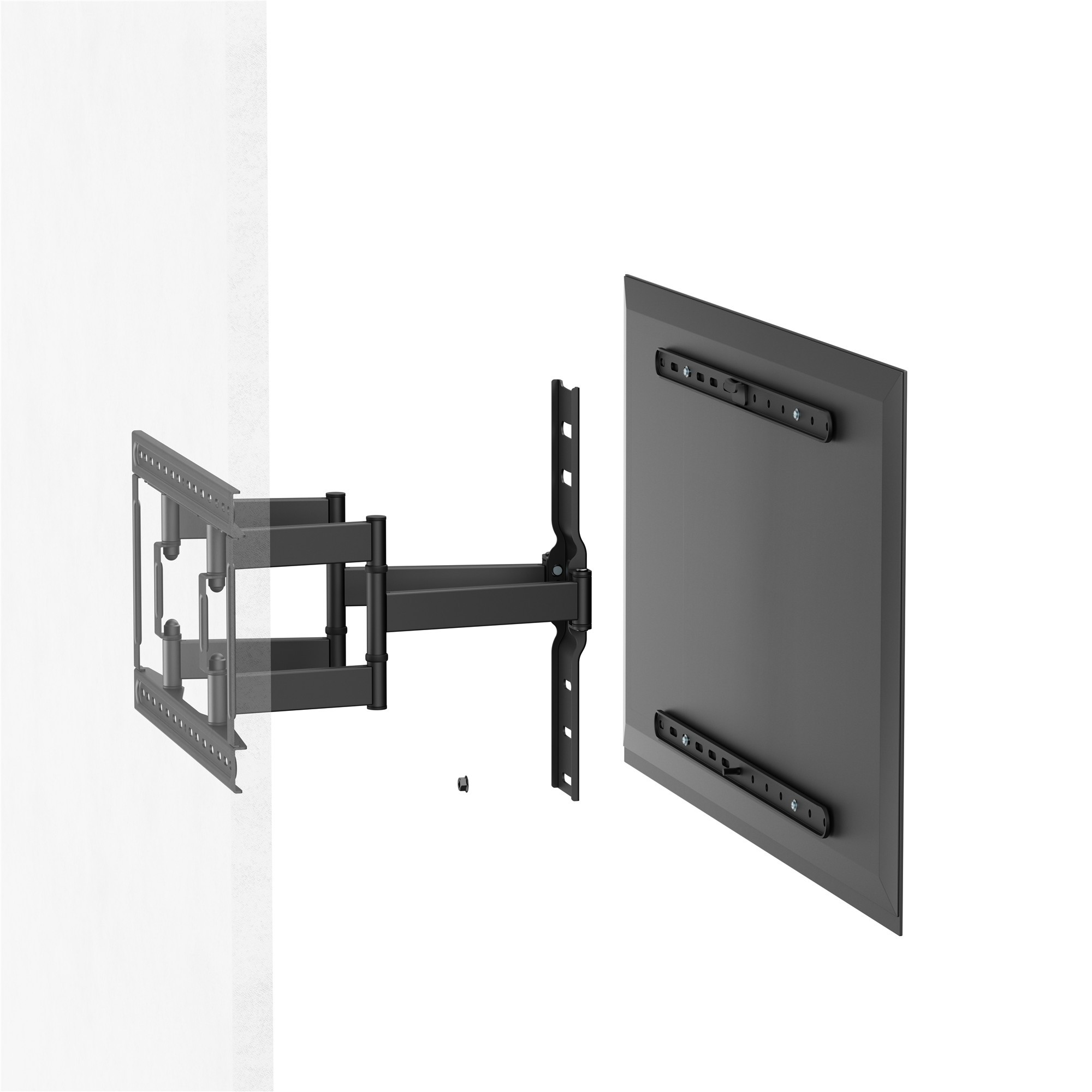 Schwarze TV-Wandhalterung mit ausziehbarem Gelenkarm und Rückplatte vor weißer Wand.