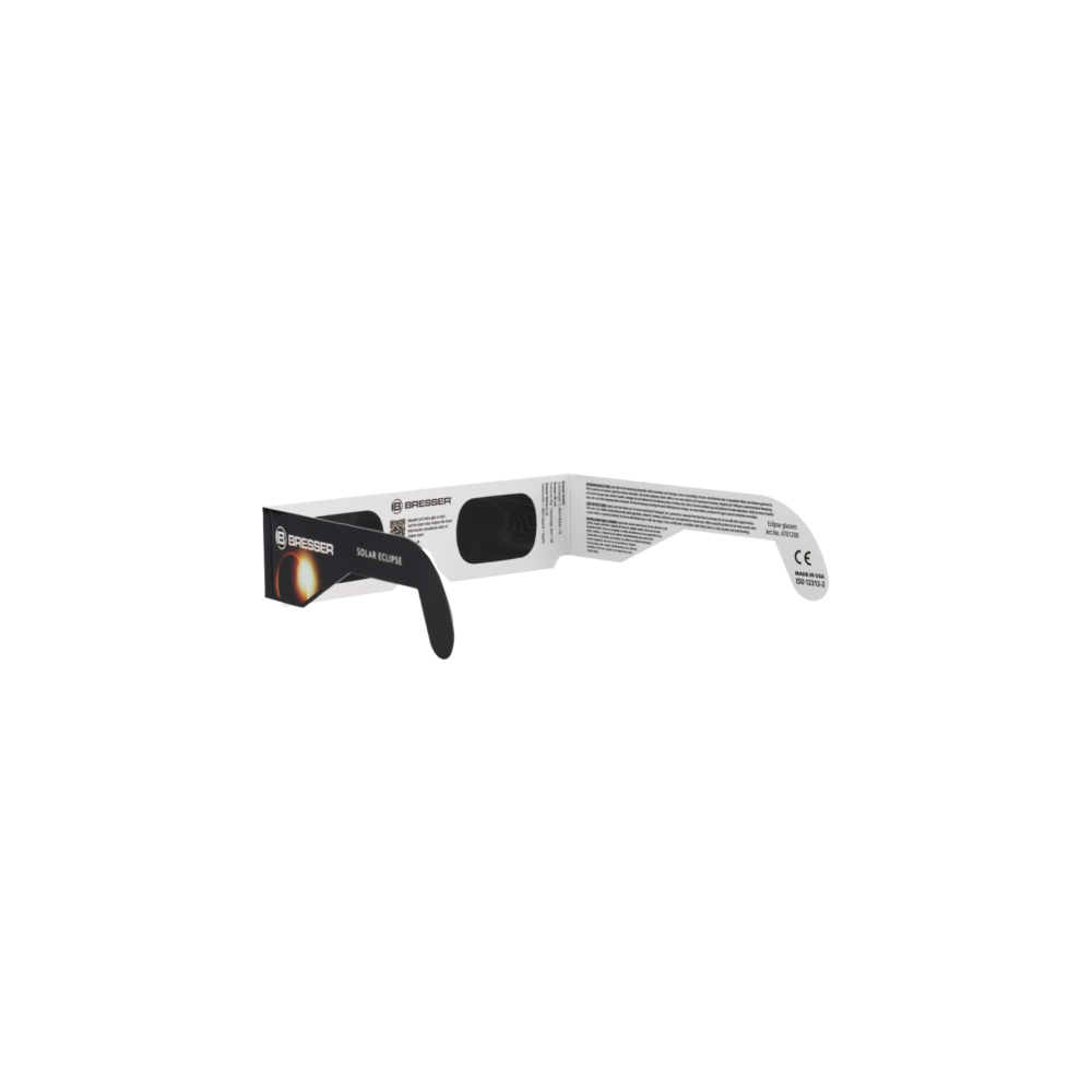 Bresser Sonnenfinsternis-Brille aus Pappe mit schwarzem und weißem Design vor weißem Hintergrund.