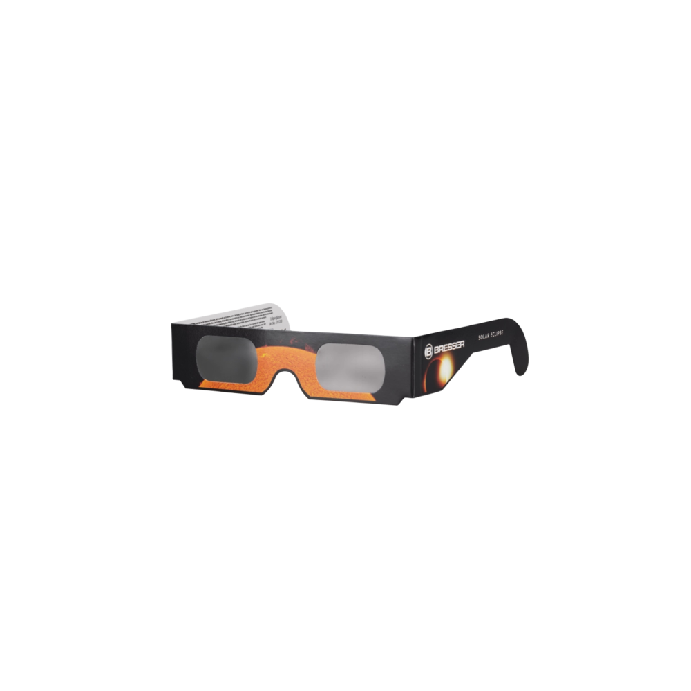 Schwarze Papp-So Finsternisbrille mit solarer Grafik und Bresser-Logo auf weißem Grund.