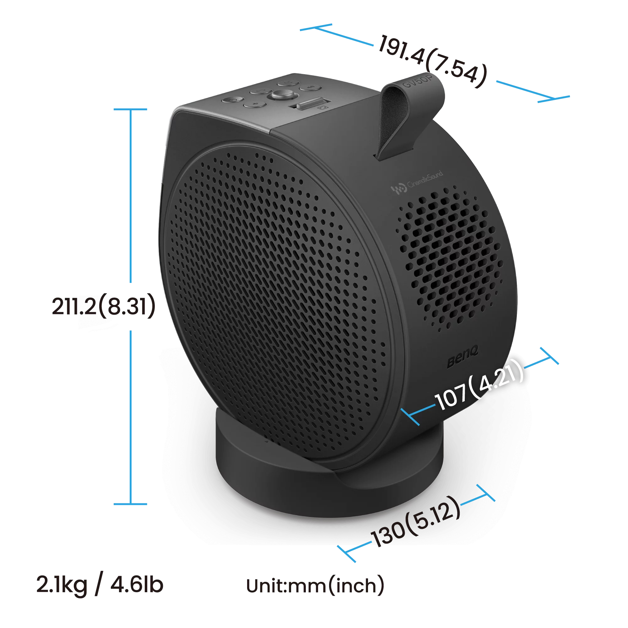 Schwarzer BenQ Projektor auf Standfuß mit Maßangaben in Millimetern und Zoll sowie Gewicht.