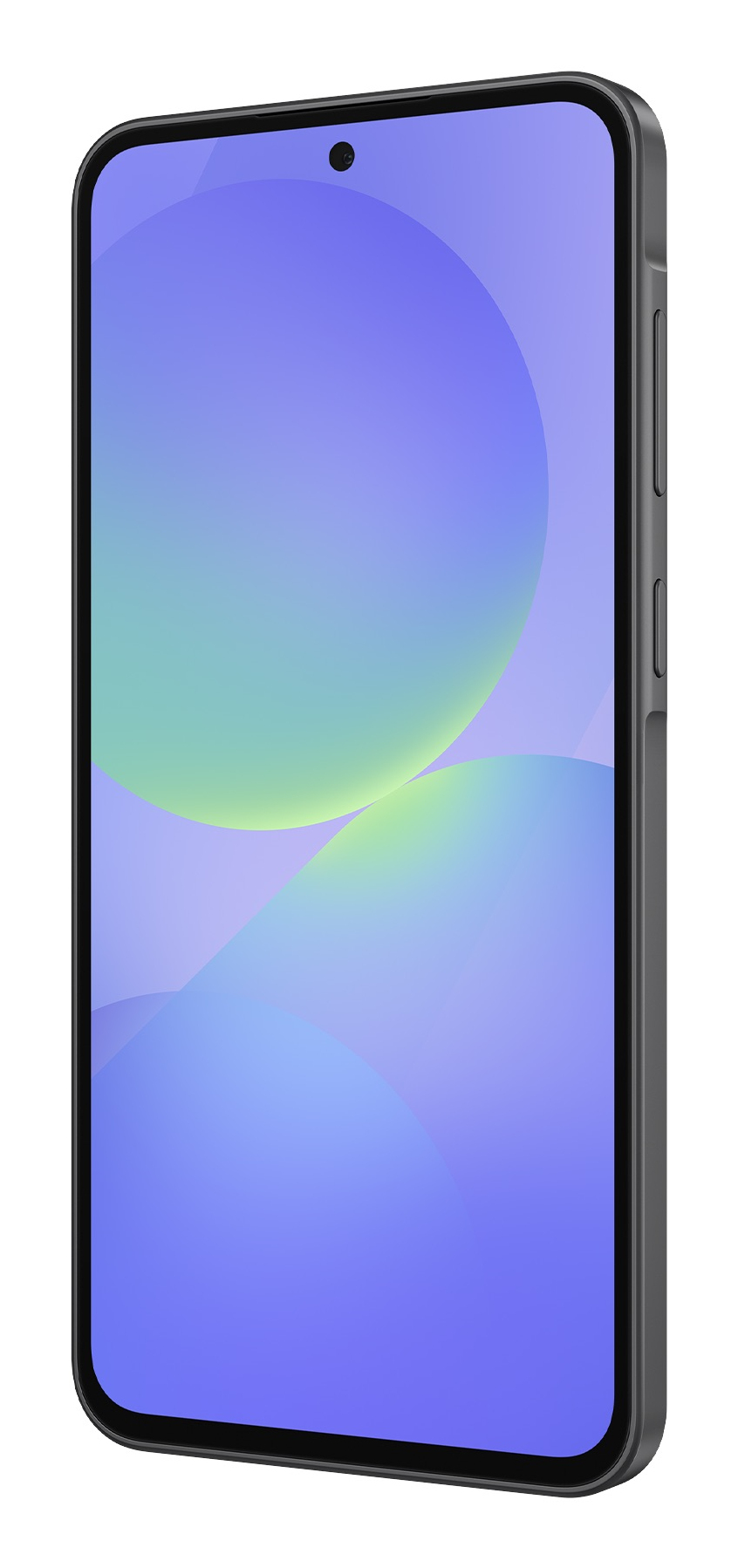 Uno smartphone grigio con sfondo blu e verde sullo schermo e pulsanti laterali visibili.