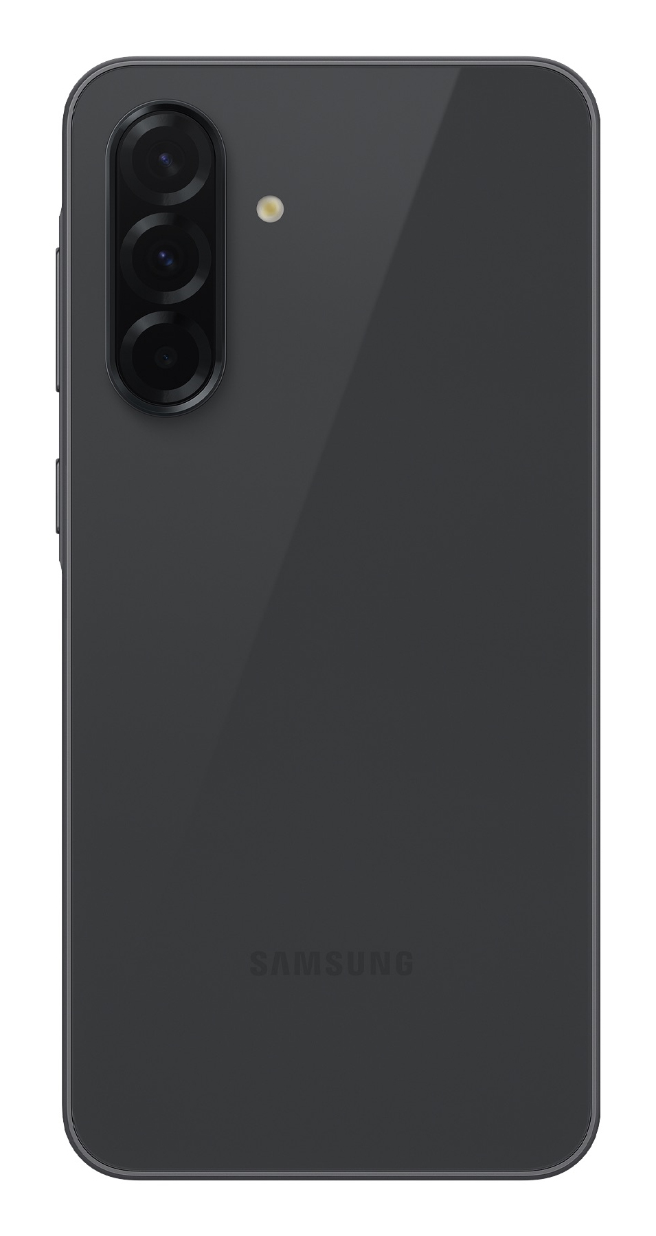 Retro di uno smartphone grigio con tripla fotocamera verticale e logo Samsung.