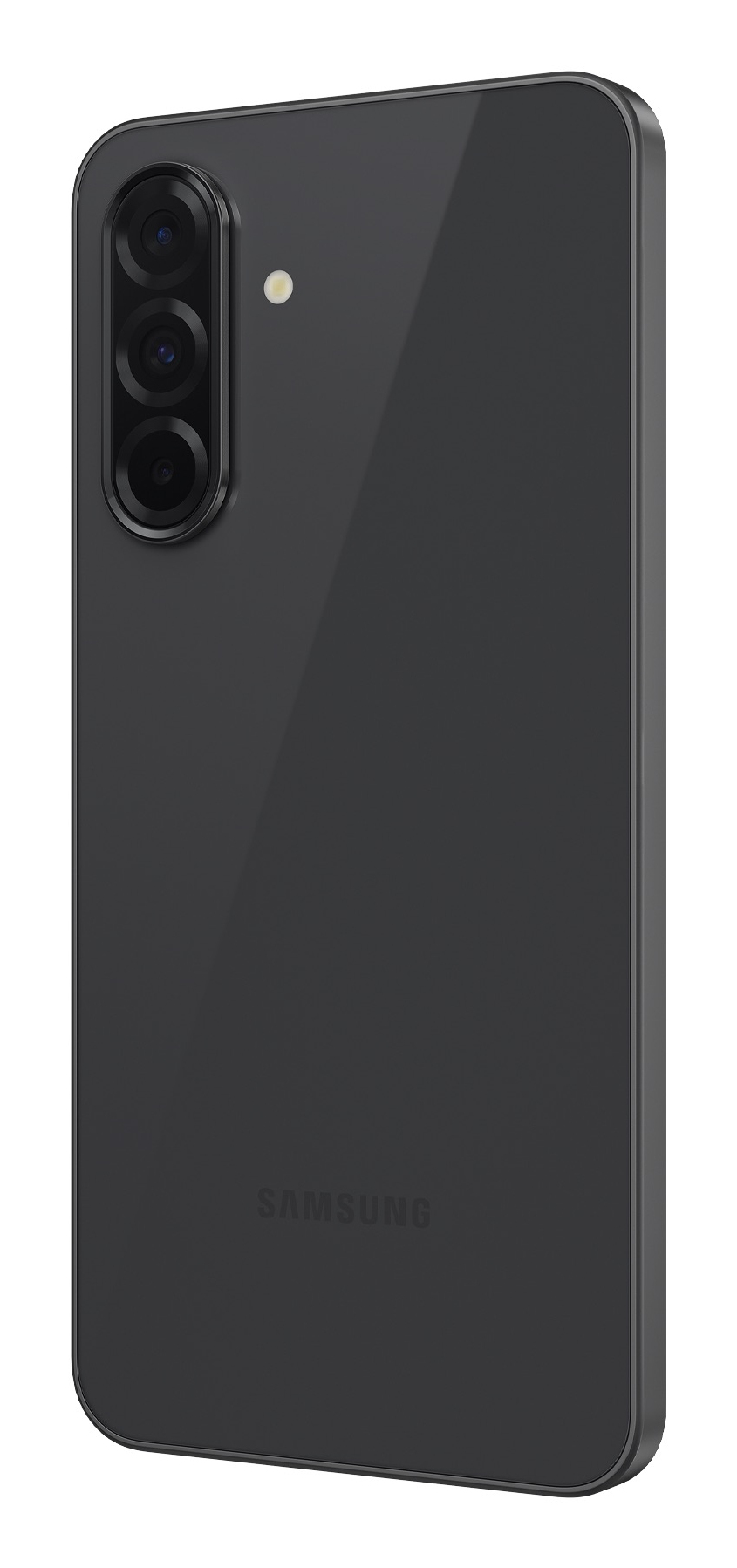 Retro di uno smartphone Samsung grigio scuro con tre fotocamere e un flash.