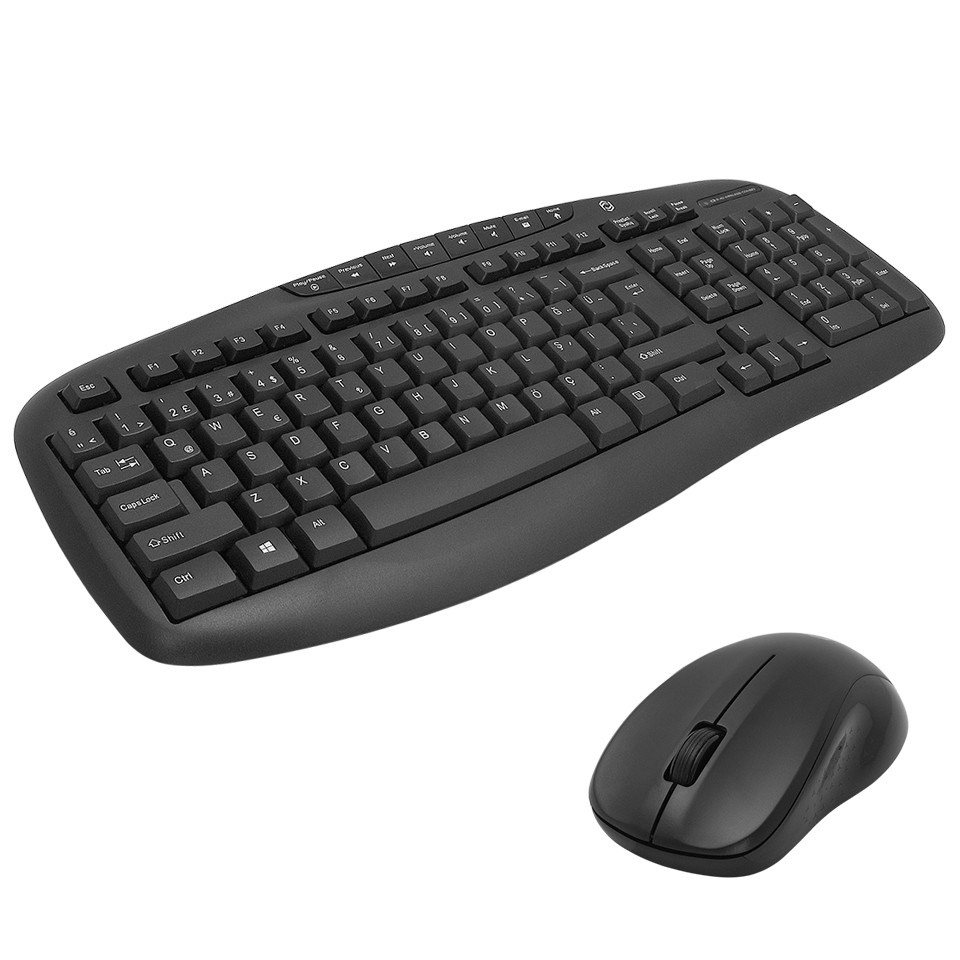 Beyaz arkaplanda ergonomik kavisli siyah bilgisayar klavyesi ve kablosuz fare seti.