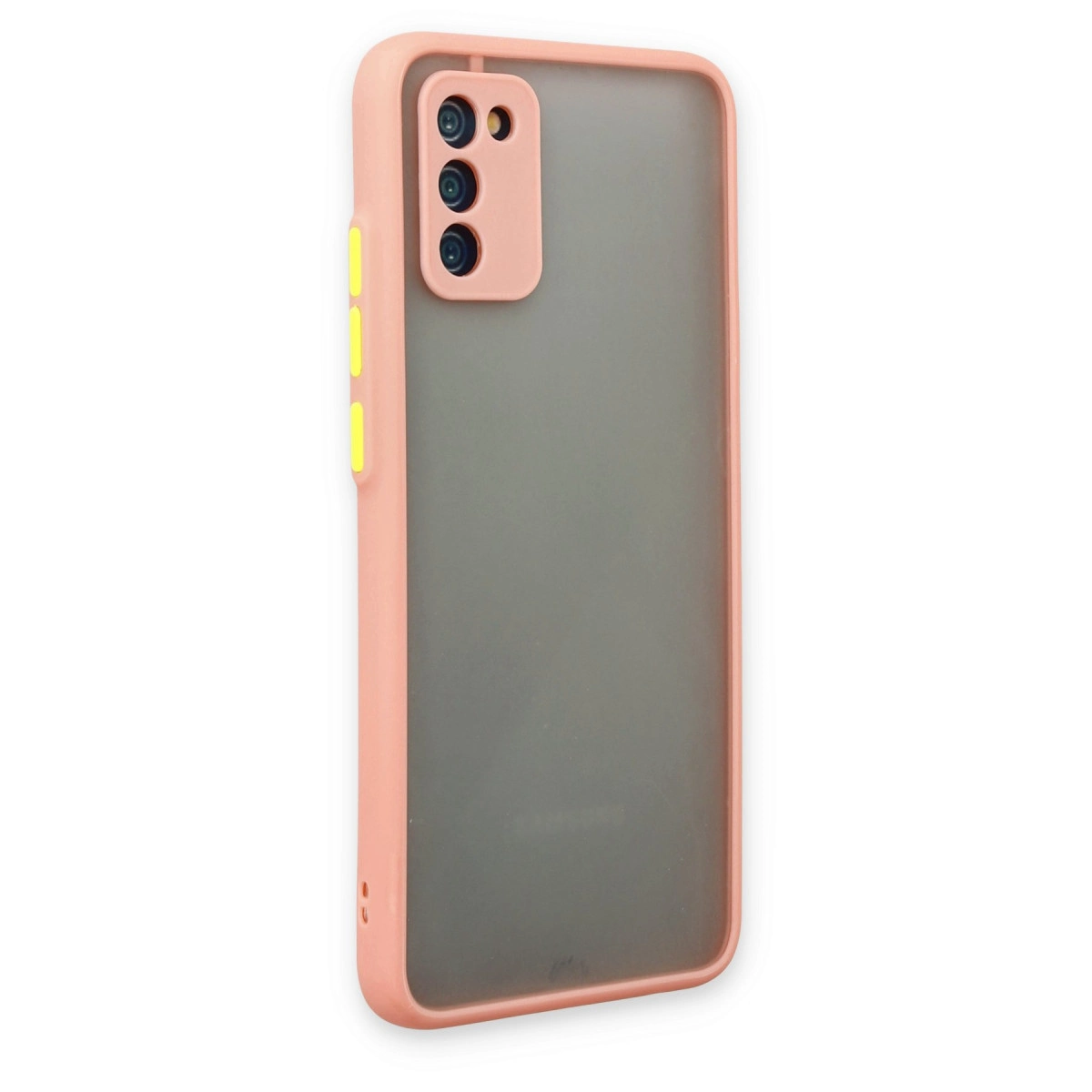 Yarı şeffaf arka yüzeyli ve sarı düğmeli pembe akıllı telefon kılıfı.