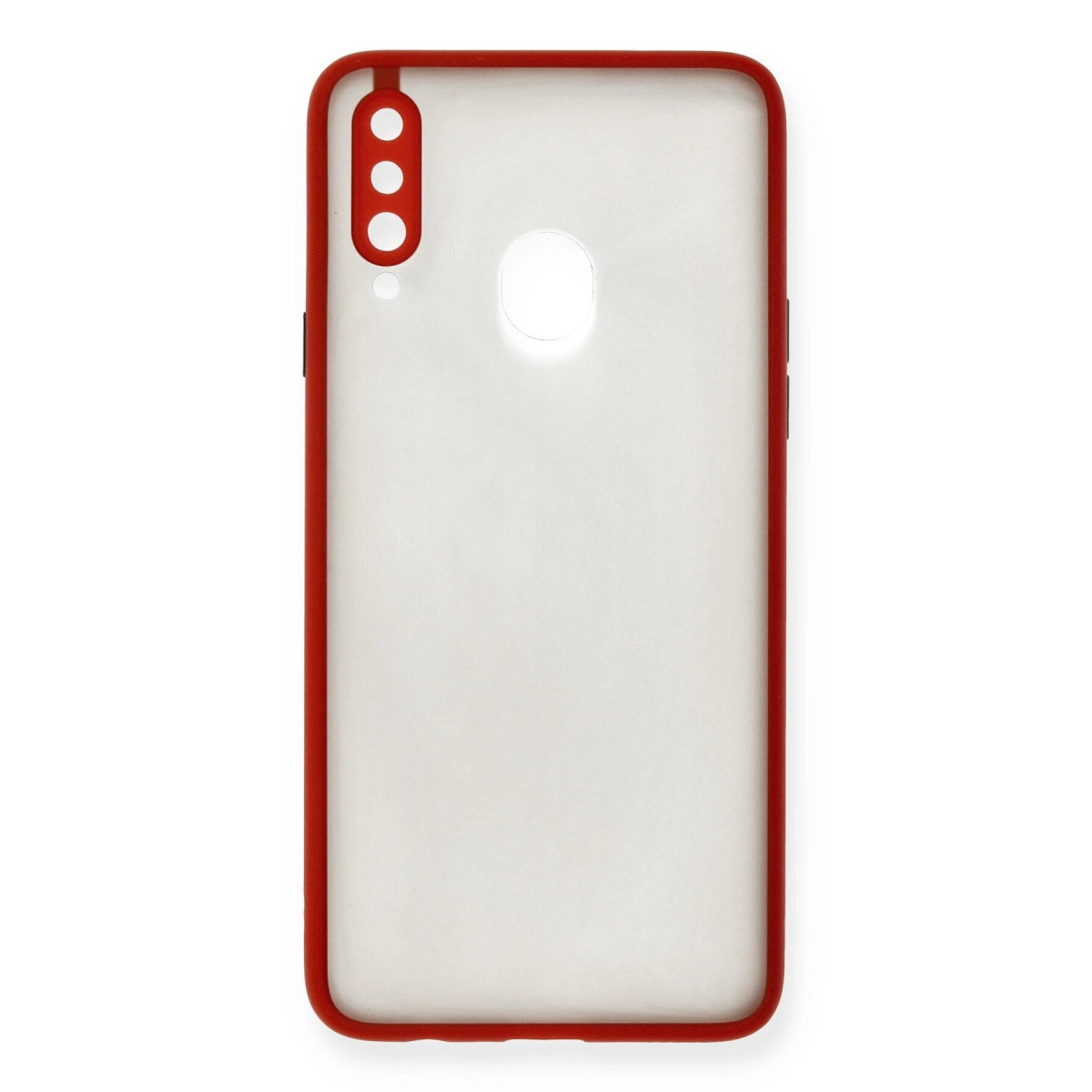 Beyaz arka planda kırmızı kenarlı, kamera ve parmak izi sensörü kesikli şeffaf akıllı telefon kılıfı.