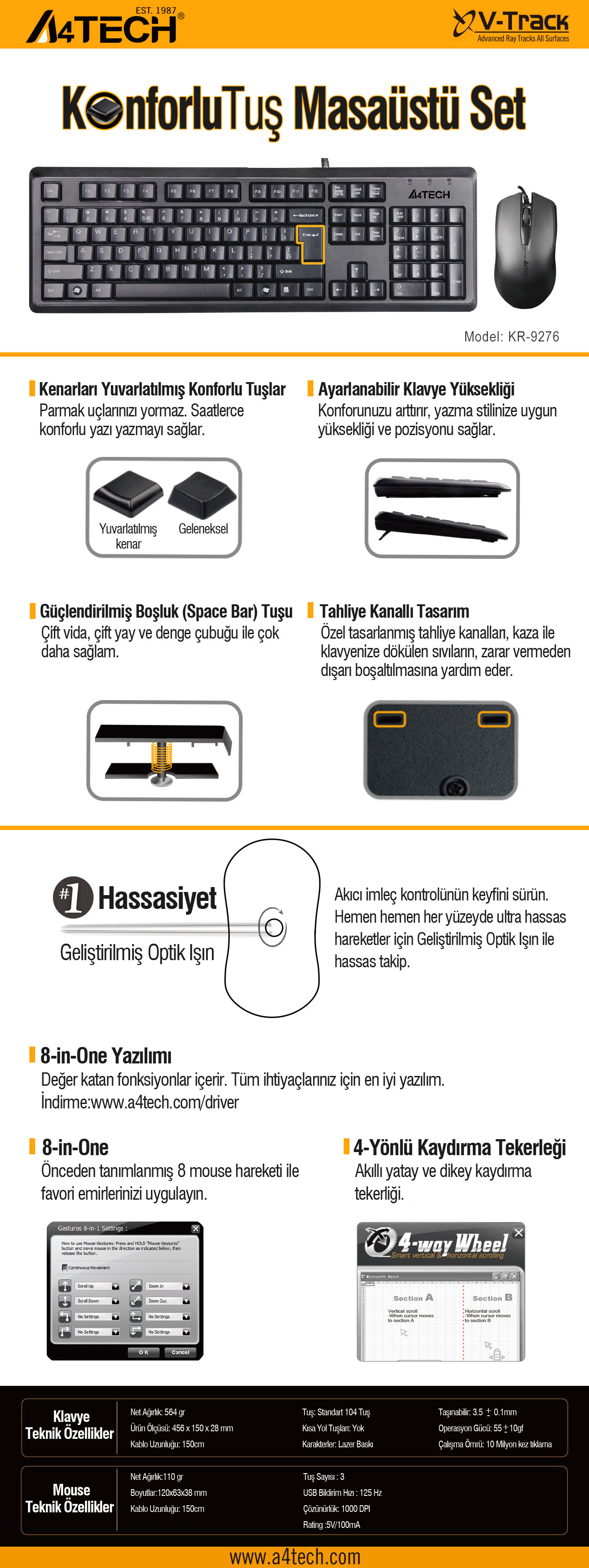 Ergonomik tasarıma ve özelliklere sahip A4Tech klavye ve fare seti.