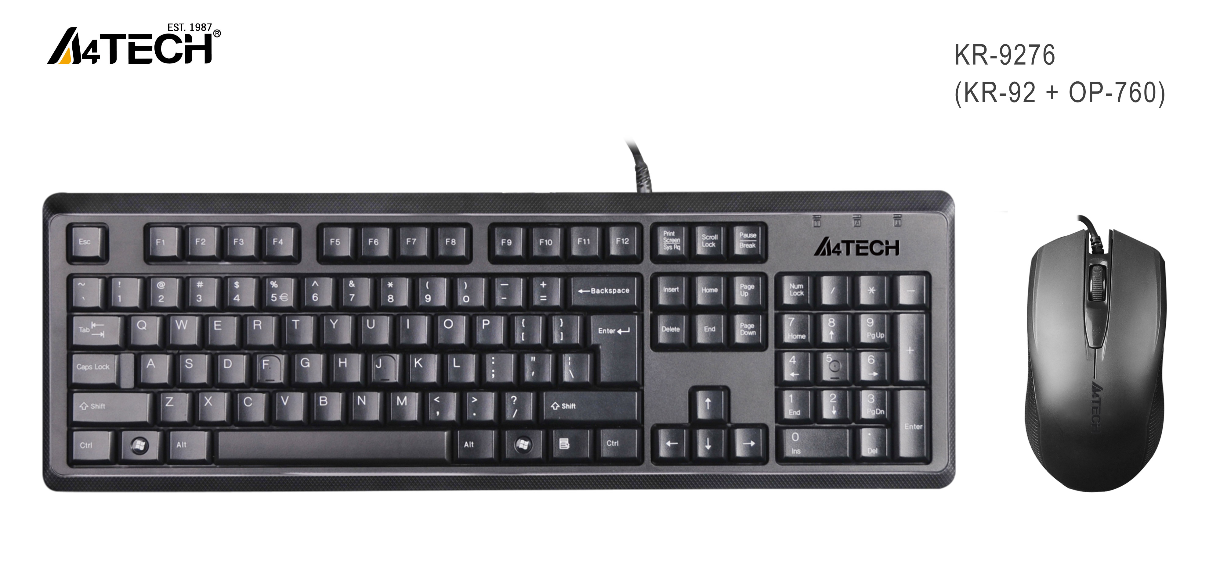Beyaz arka planda siyah klavye ve uyumlu siyah kablolu fareden oluşan A4TECH KR-9276 seti.