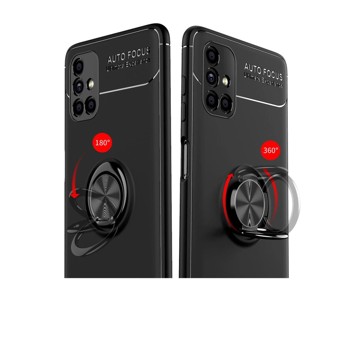 Halka tutuculu ve 180 ile 360 derece dönme simgeli iki siyah telefon kılıfı.