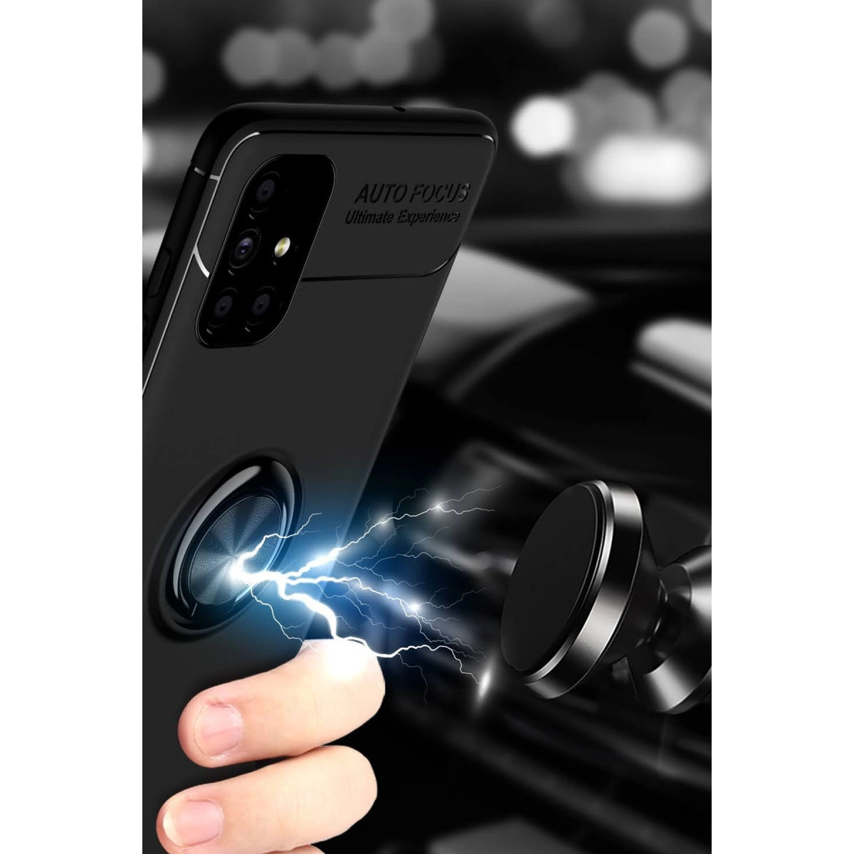 Bir el, halka tutuculu siyah bir akıllı telefonu mıknatıslı araç tutucusunun yanında tutuyor.