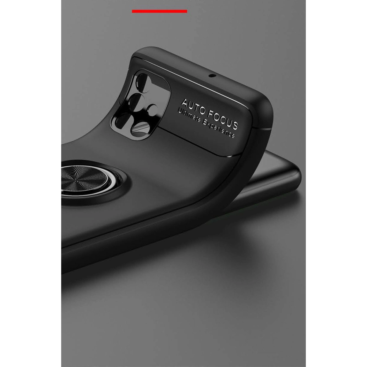 Kamera kesikli ve auto focus yazılı siyah akıllı telefon kılıfı.