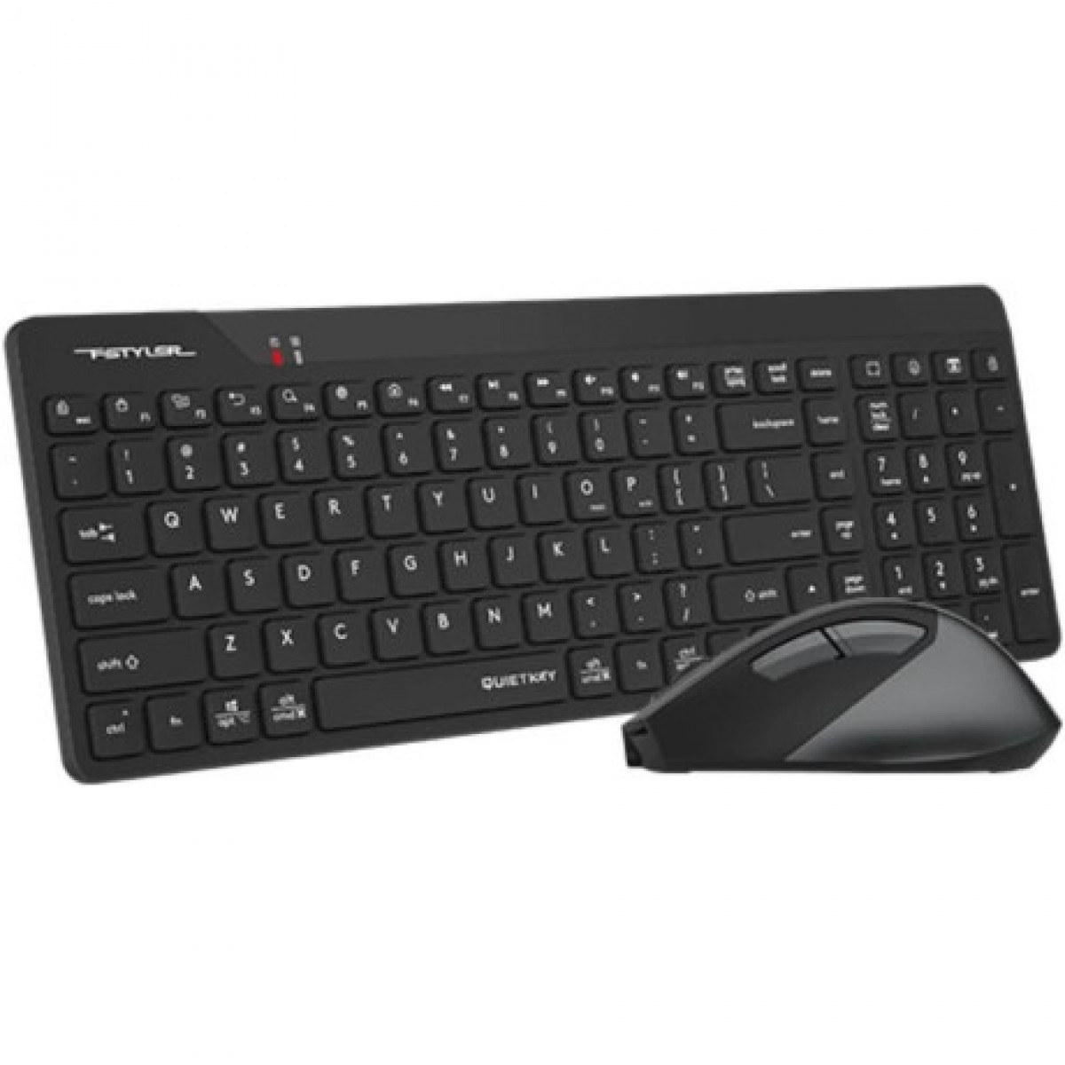 Sayı tuş takımlı siyah kablosuz klavye ve beyaz arka planda ergonomik siyah bilgisayar faresi.