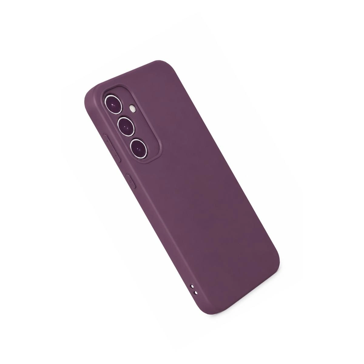 Beyaz arka planda üçlü kameralı koruyucu kılıf içindeki mor akıllı telefon.