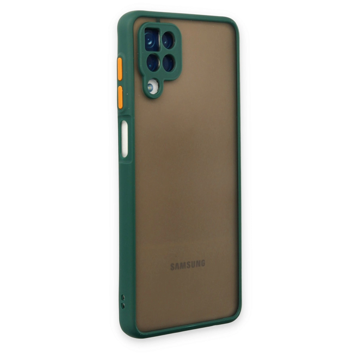 Beyaz arka planda mat arka yuzeye ve turuncu dugmelere sahip koyu yesil akilli telefon kilifi.
