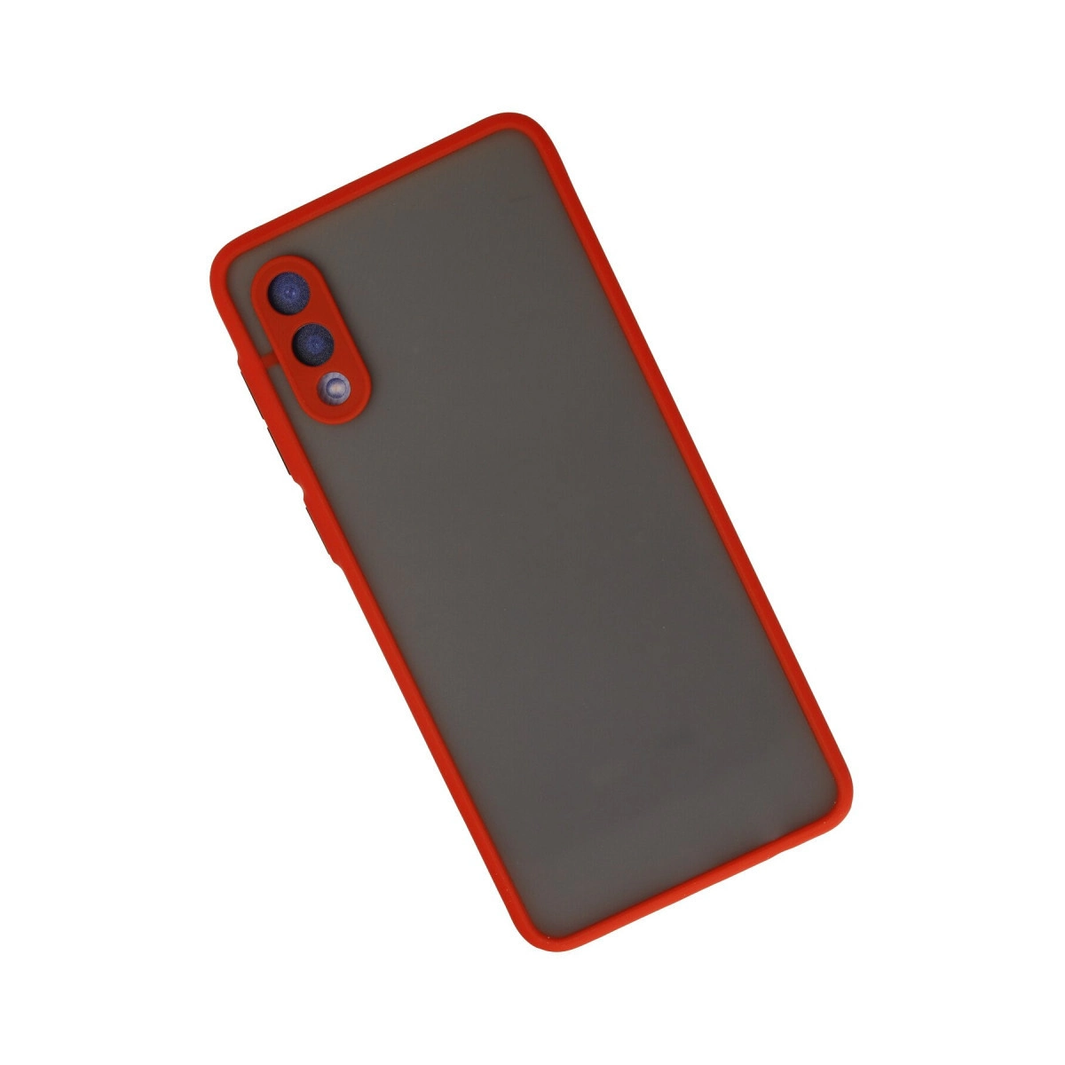 Gri arka planlı ve dikkat çekici kırmızı koruyucu çerçeveli, beyaz zeminde açılı duran akıllı telefon.