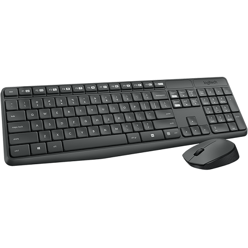 Beyaz arka planda siyah kablosuz Logitech klavye ve uyumlu bilgisayar faresi.