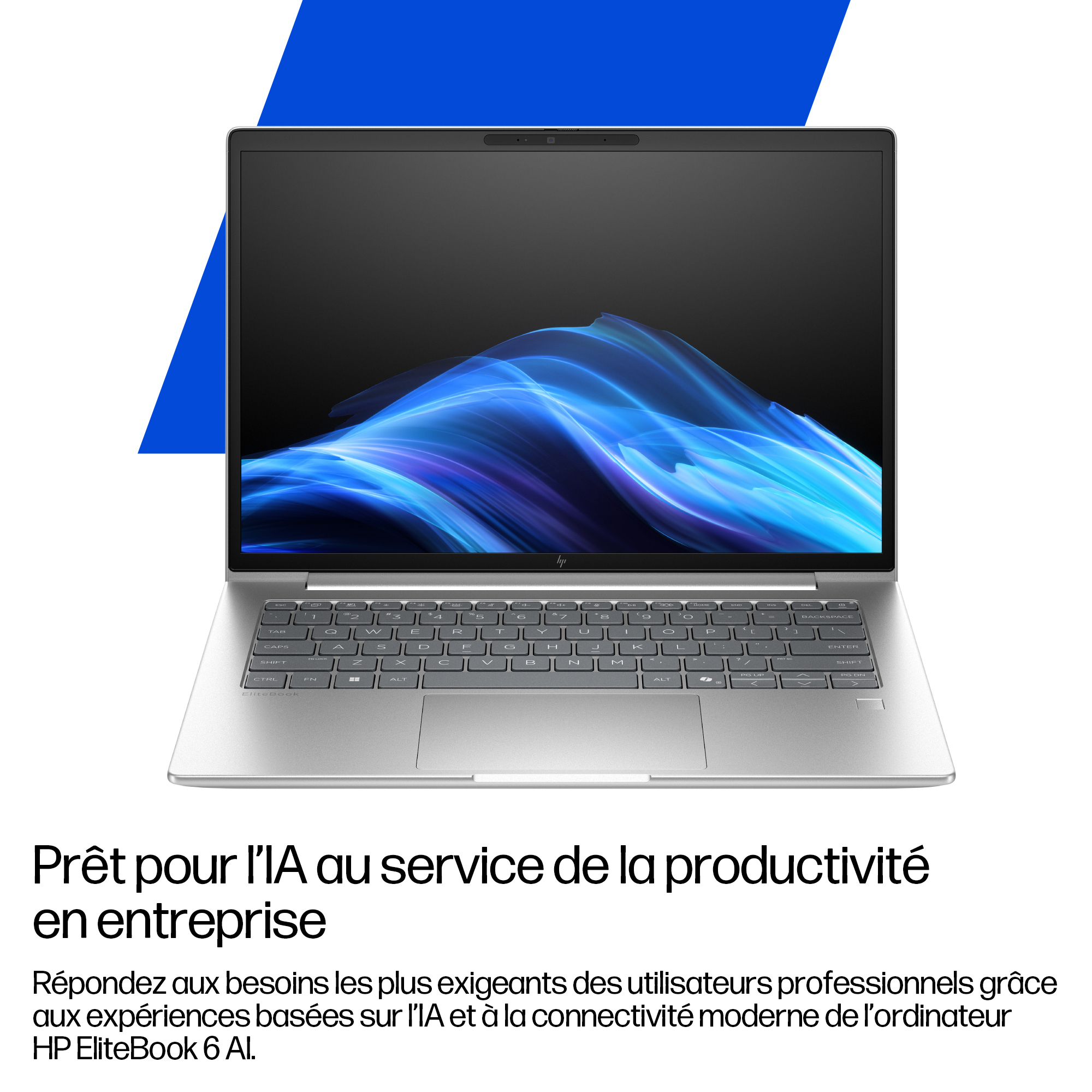 HP EliteBook Laptop mit blauem Wellen-Bildschirm vor weißem Hintergrund.