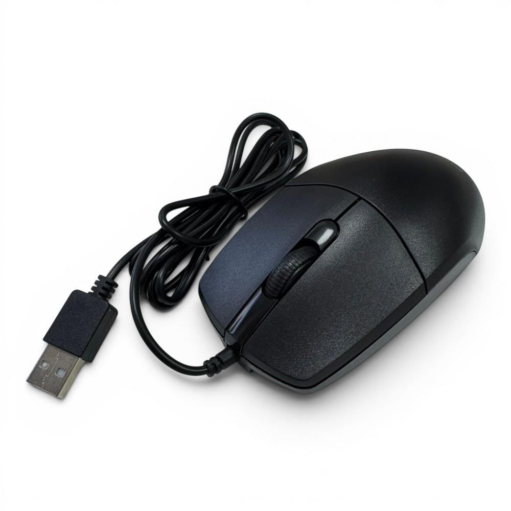 Beyaz arka planda kablolu ve USB konektörlü siyah bir bilgisayar faresi.