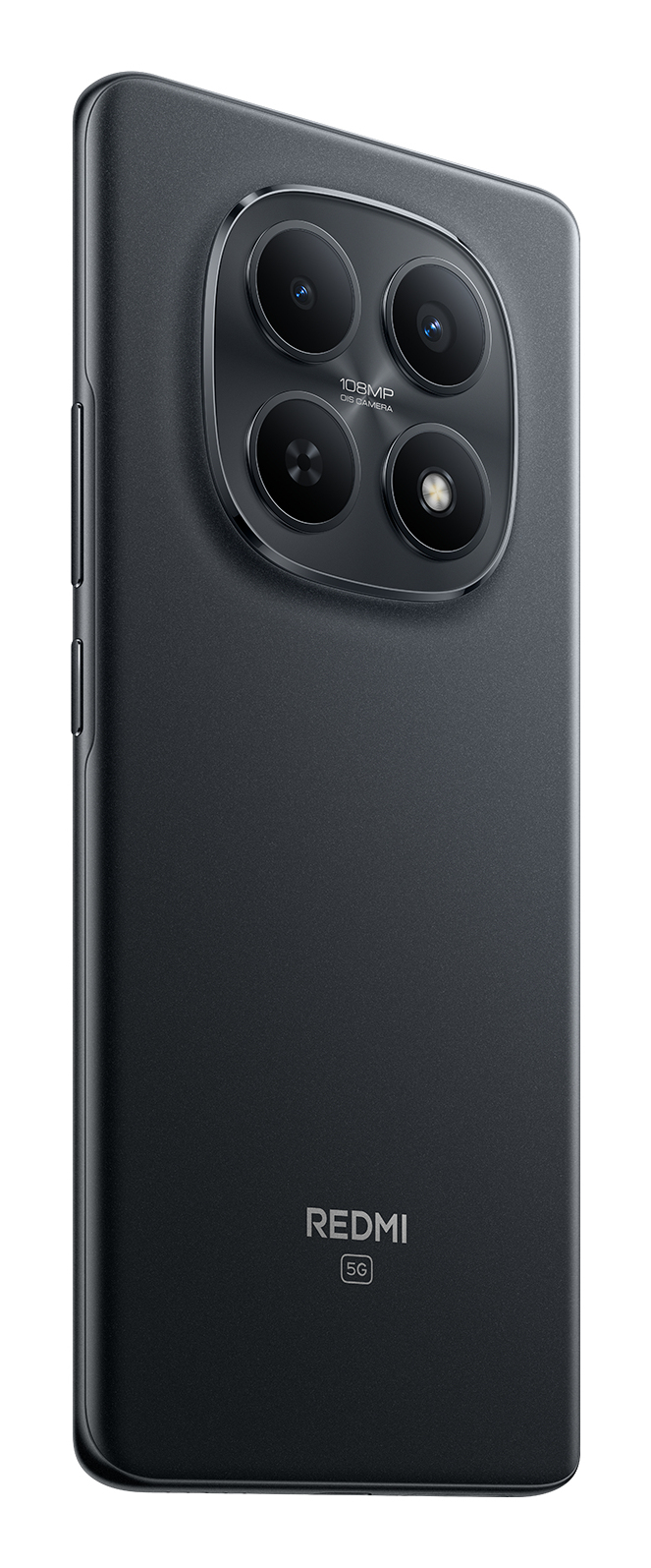 Retro di uno smartphone Redmi 5G grigio scuro che mostra il modulo fotocamera quadrato con quattro lenti e logo.