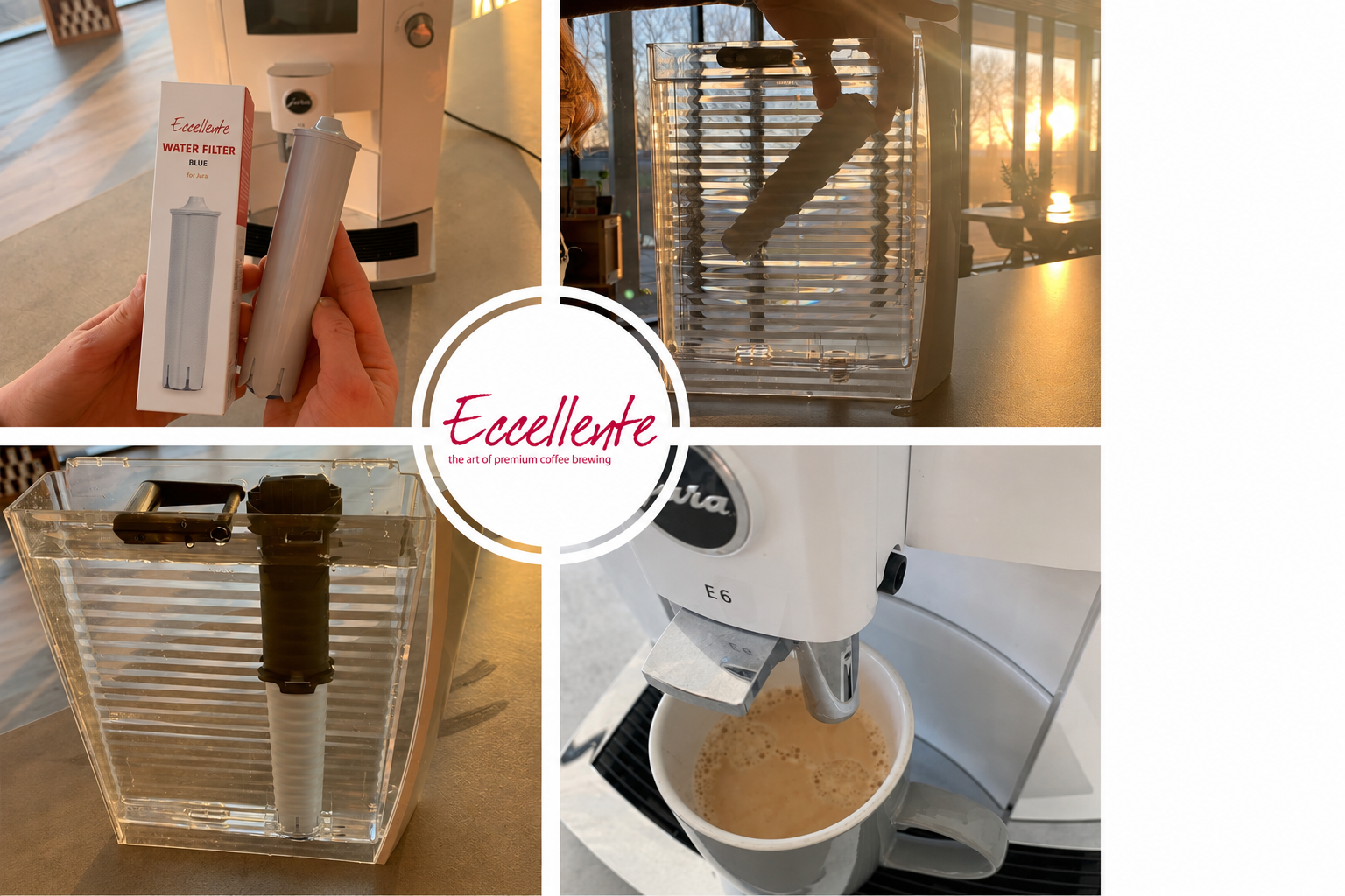 Installation steps for an Eccellente water filter in a Jura coffee machine with a coffee cup.