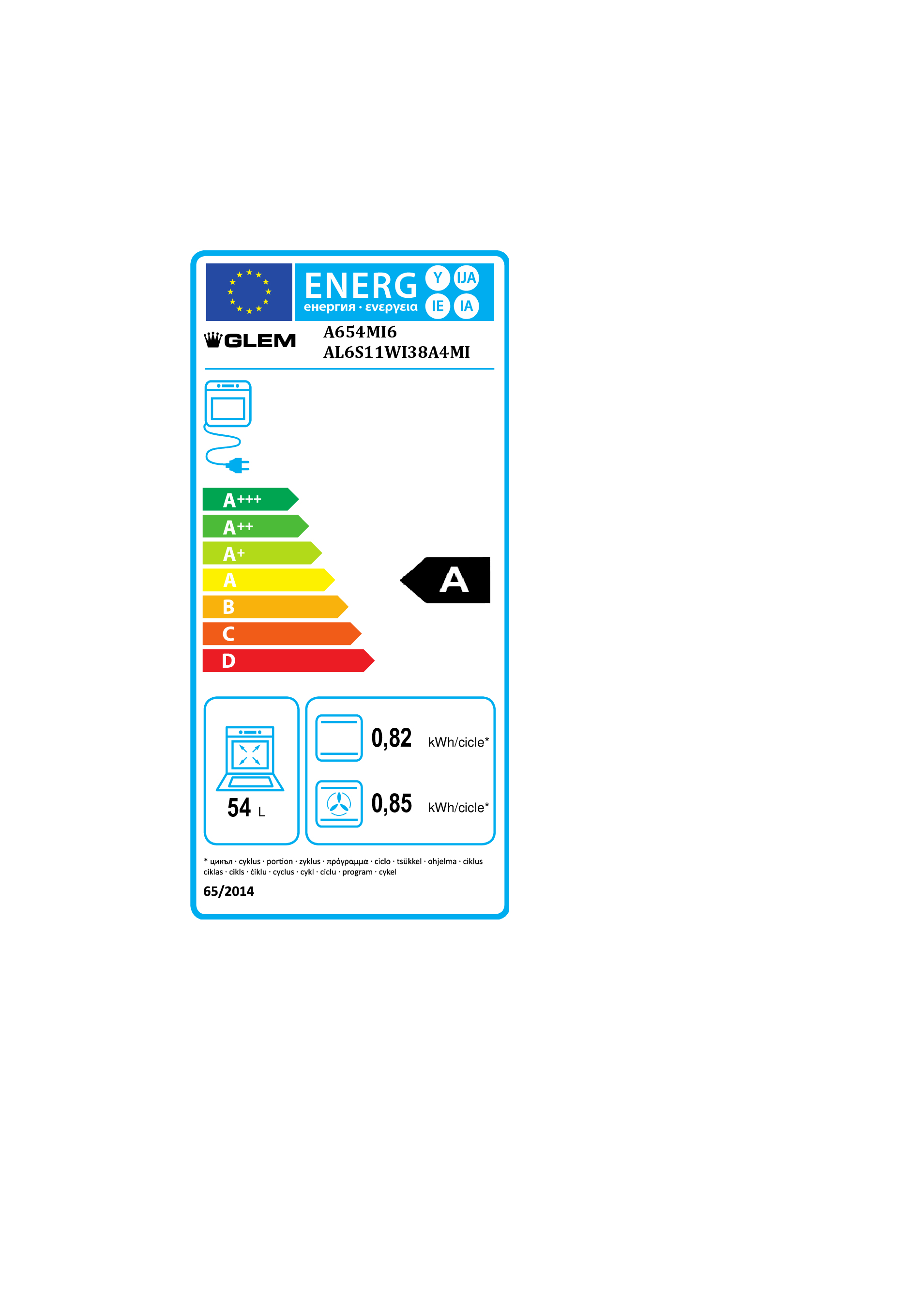 Etichetta di efficienza energetica per forno Glem di classe A.
