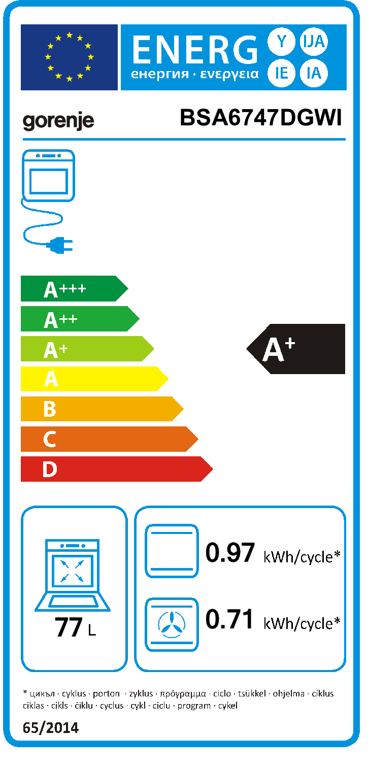 Etykieta efektywności energetycznej piekarnika Gorenje BSA6747DGWI kl. A+.