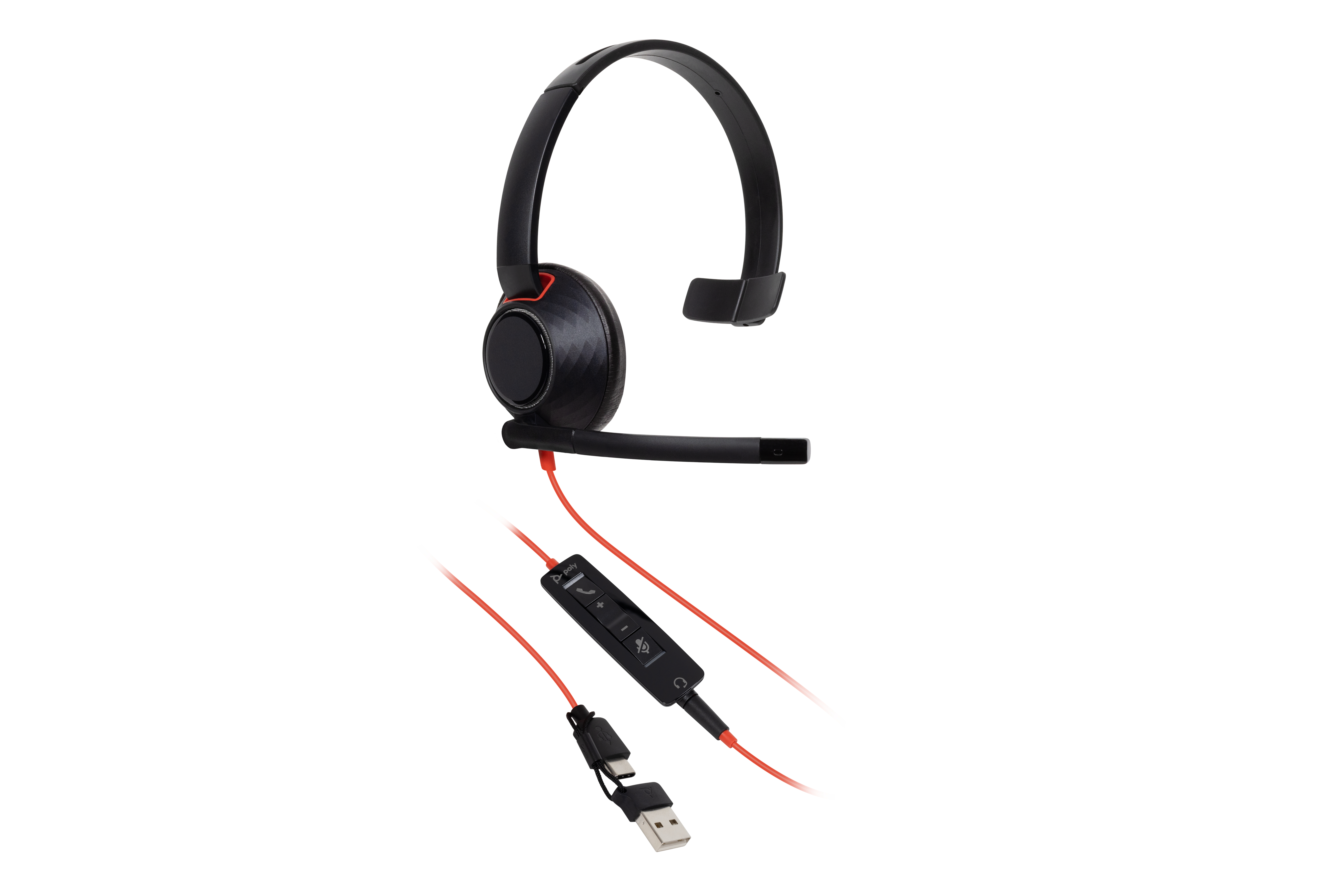 Cuffia on-ear nera con cavo rosso, braccio microfonico, unità di controllo in-line e connettori USB su sfondo bianco.