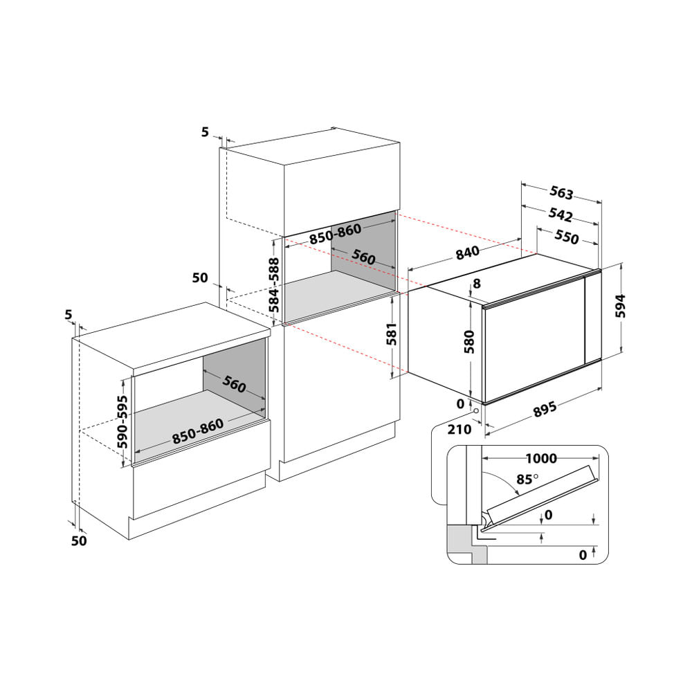 Disegno tecnico con dimensioni di installazione per mobili da cucina ed elettrodomestici.