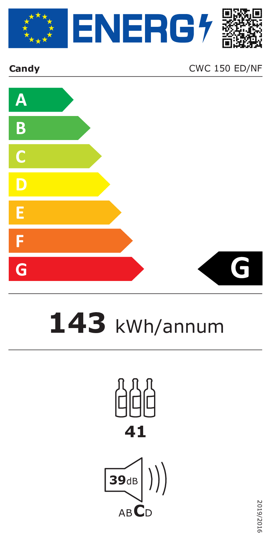 Etichetta energetica Candy CWC 150 ED/NF, classe G, 143 kWh/anno, 41 bottiglie, 39 dB.