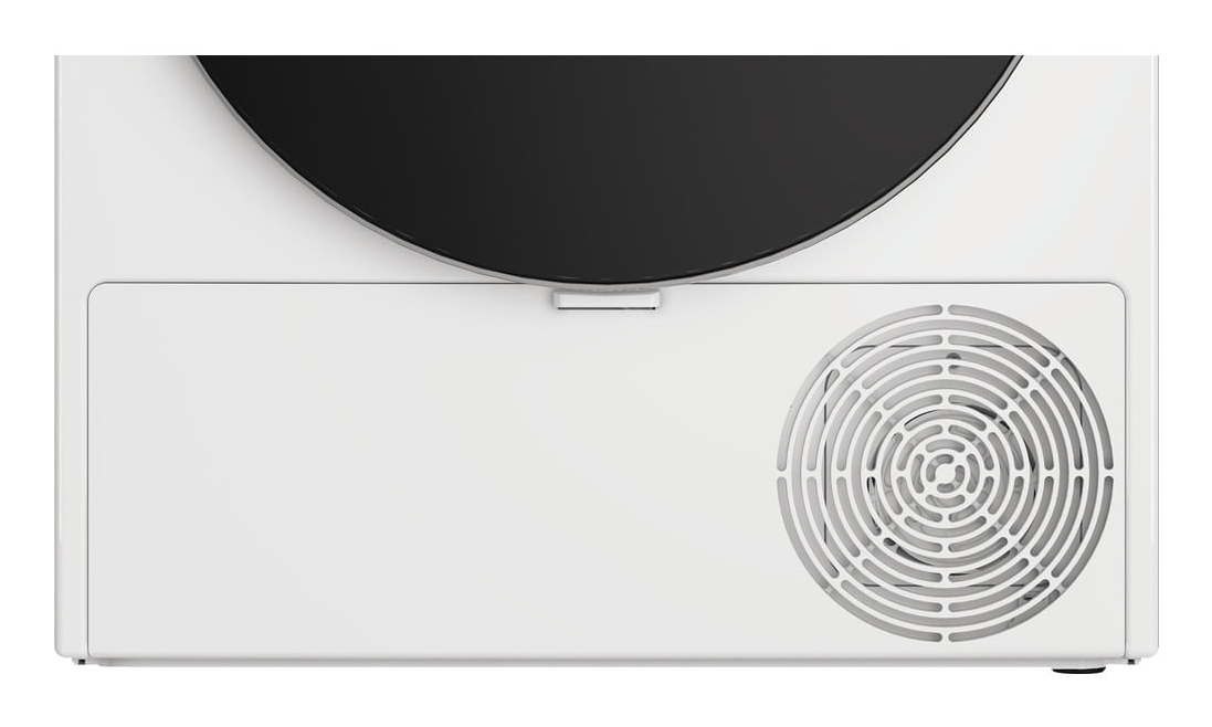 Primo piano di un elettrodomestico bianco con una porta nera rotonda e una griglia di ventilazione circolare.