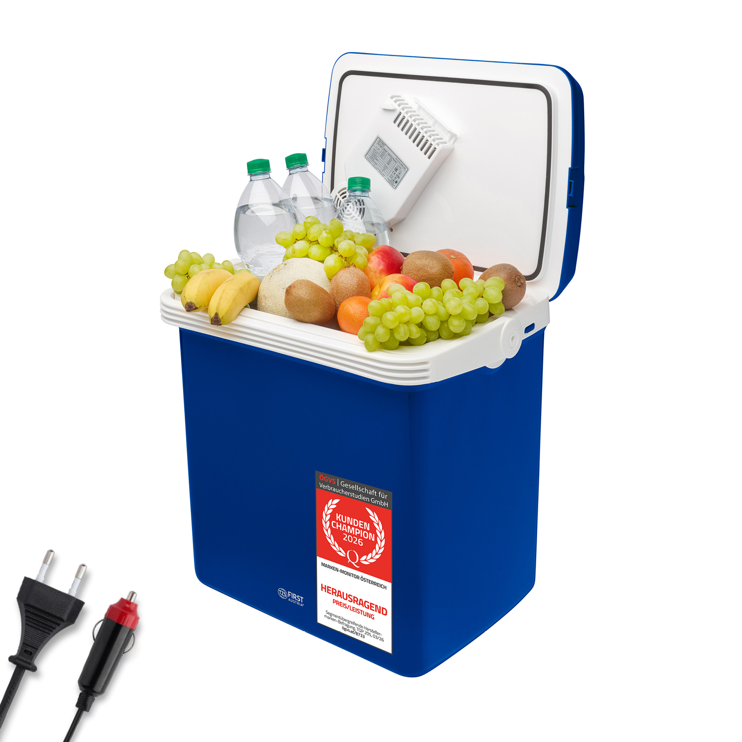 Blaue Kühlbox, gefüllt mit frischem Obst und Wasserflaschen, mit offenem Deckel und zwei Kabeln.