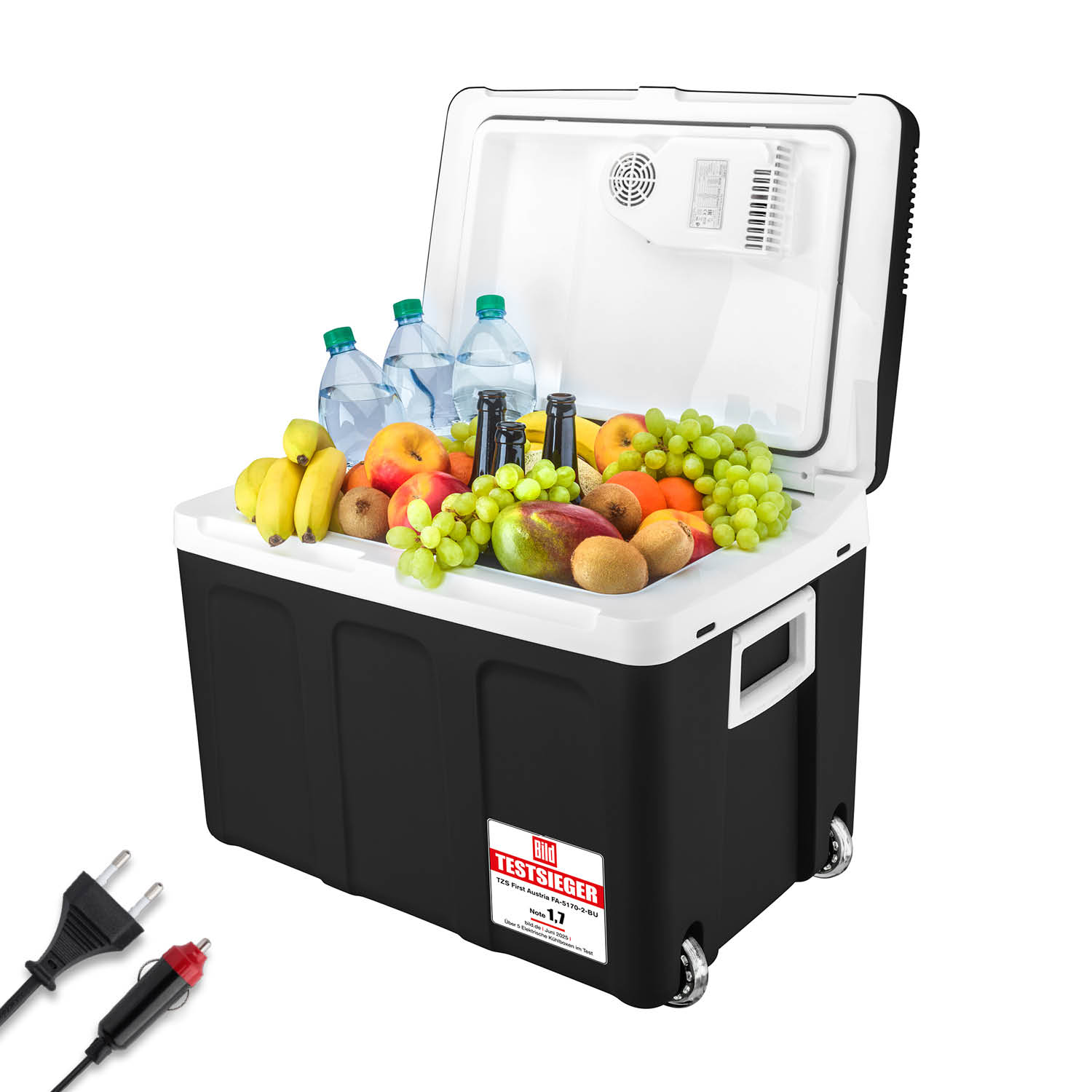 Eine offene, schwarz-weiße Kühlbox mit frischem Obst und Wasserflaschen, dazu AC- und DC-Ladekabel.