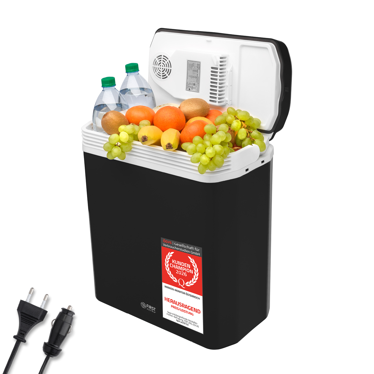 Eine schwarze Kühlbox mit offenem Deckel, gefüllt mit frischem Obst und zwei Wasserflaschen, mit Steckern links.
