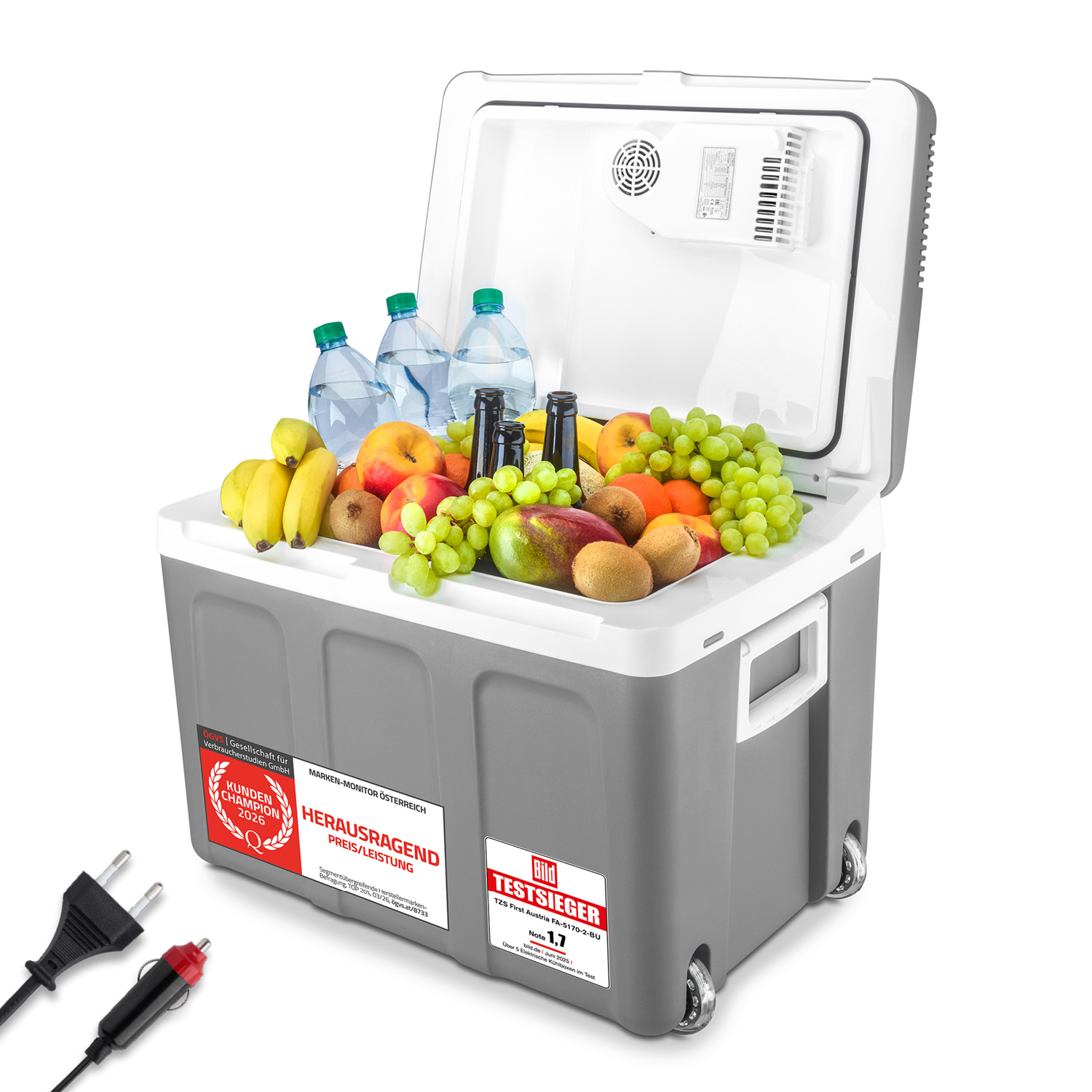 Eine offene grau-weiße Kühlbox voll mit frischem Obst und Wasserflaschen, mit Netz- und Kfz-Stecker.