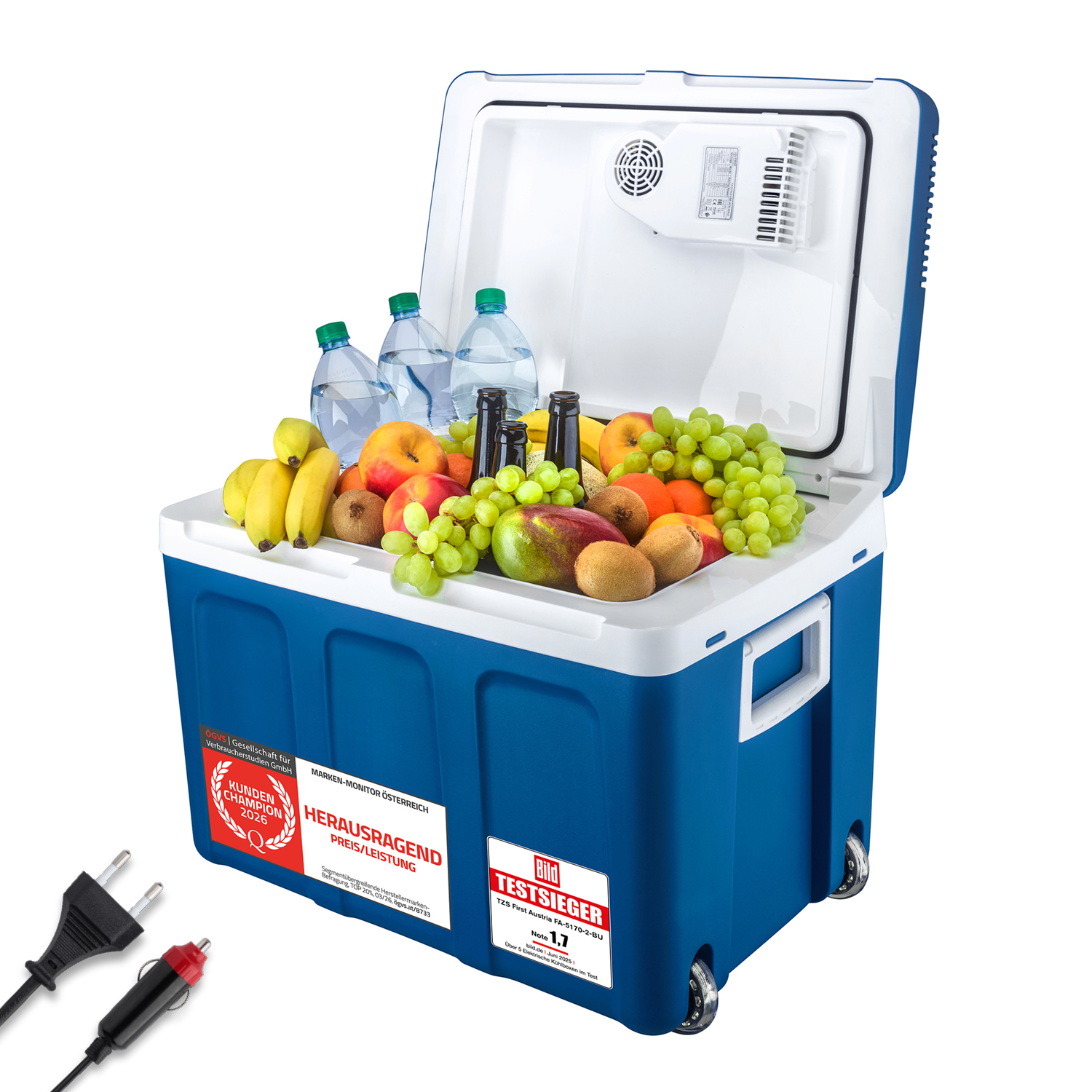 Eine offene blau-weiße Kühlbox gefüllt mit frischem Obst und Wasserflaschen, daneben Netzkabel.