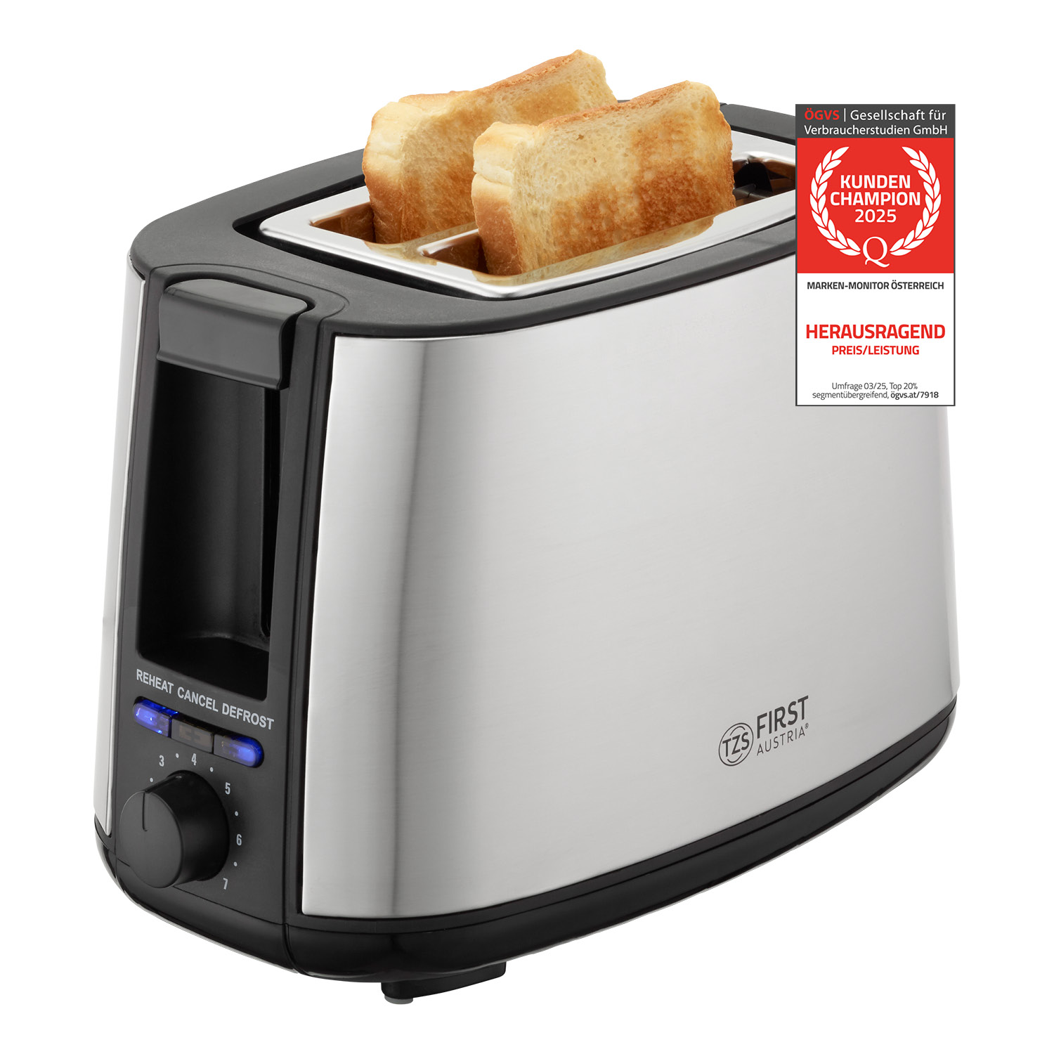 Ein Toaster aus Edelstahl und Schwarz mit zwei goldenen Toastscheiben und Bedienelementen an der Seite.