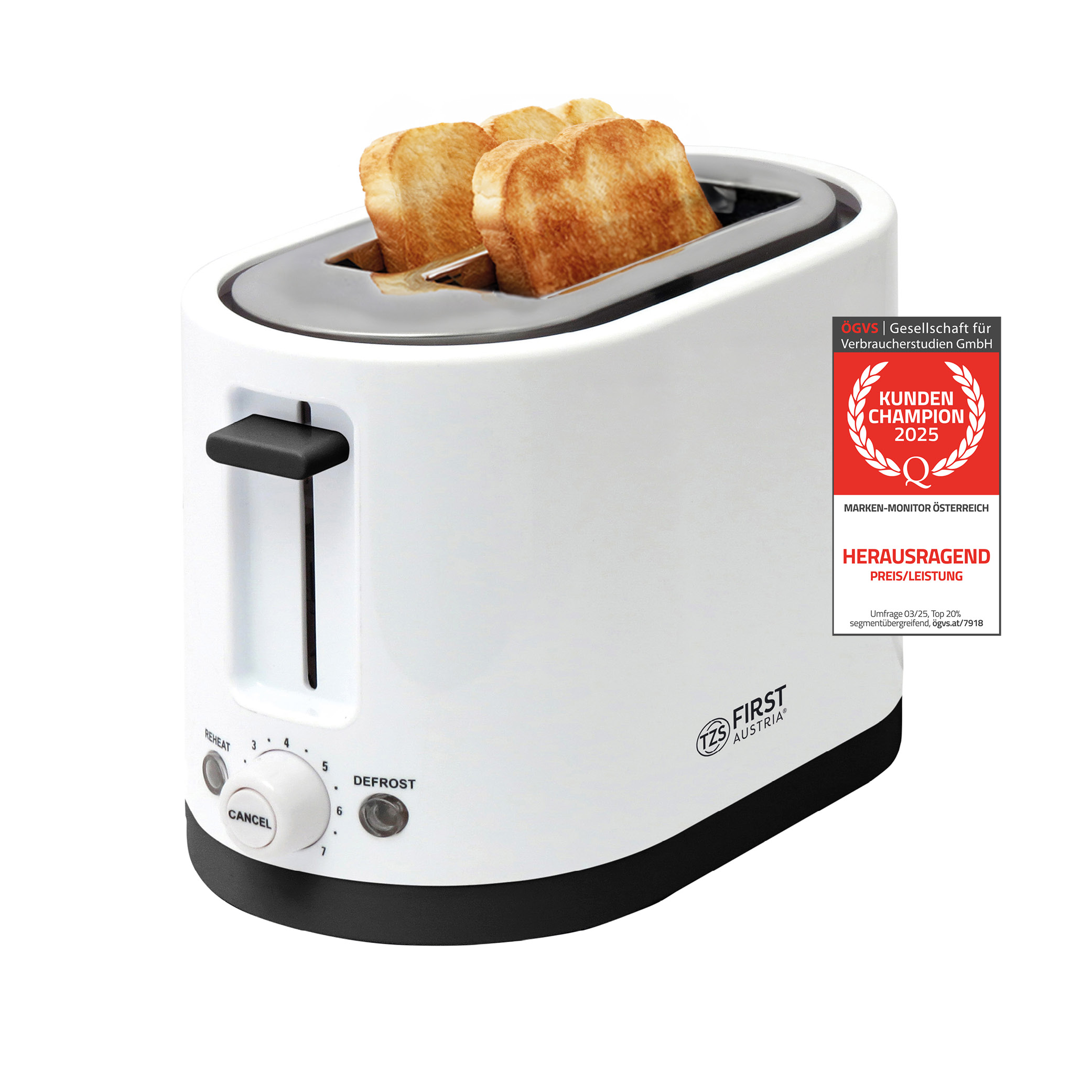 Ein weißer Toaster mit zwei gebräunten Toastscheiben, Bedienelementen an der Seite und einem Auszeichnungsetikett.