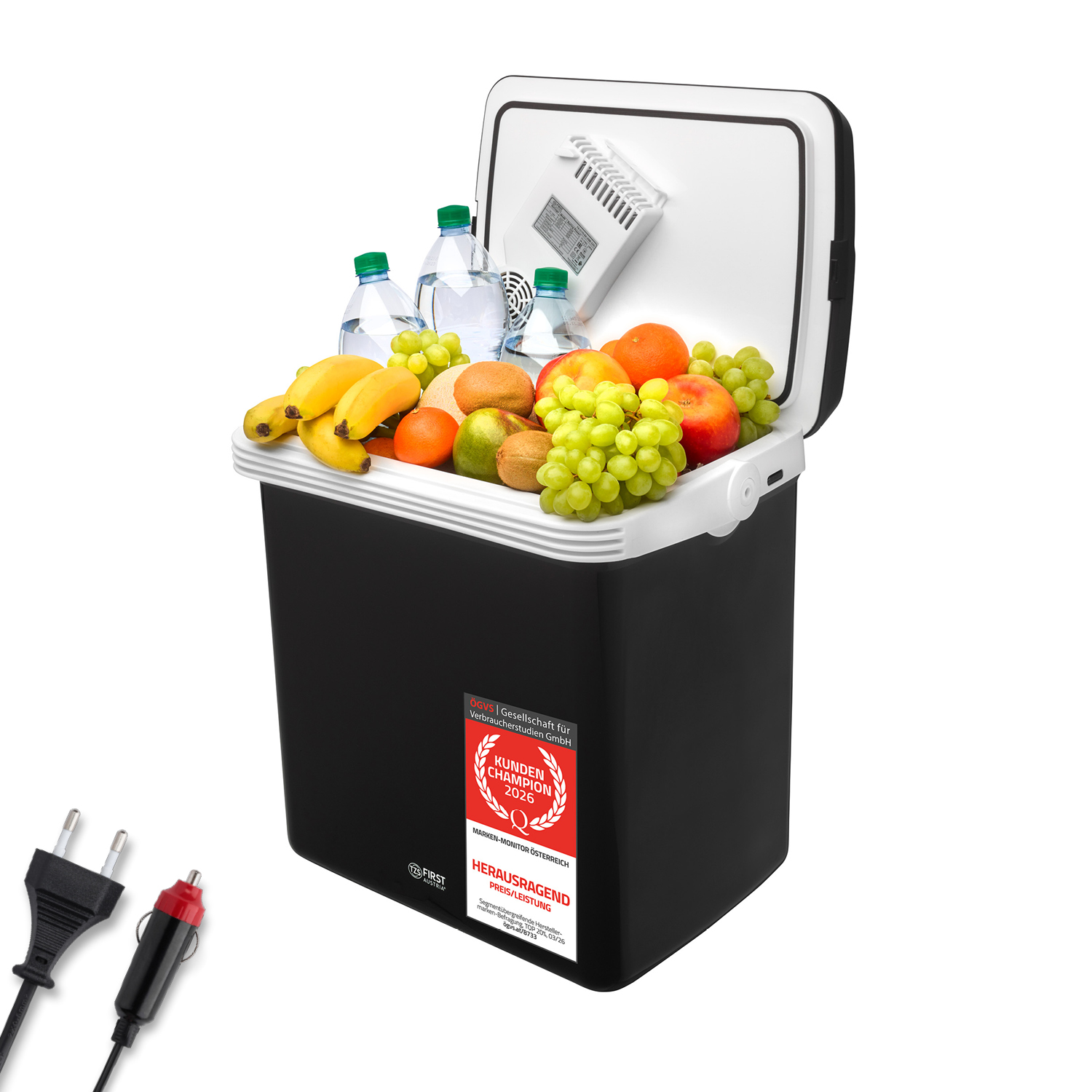 Eine offene schwarze Kühlbox gefüllt mit frischem Obst und Wasserflaschen, mit Steckern im Vordergrund.