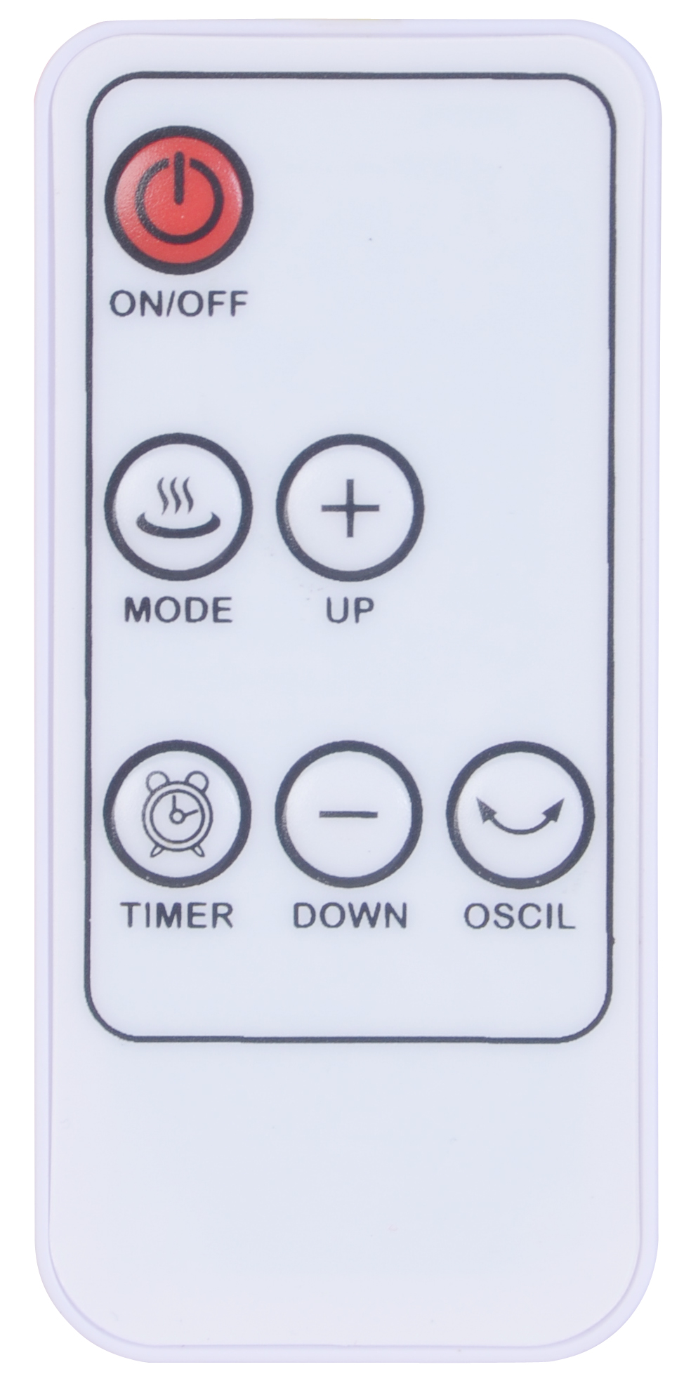 Un telecomando bianco con cinque pulsanti rotondi etichettati On/Off, Mode, Up, Timer, Down e Oscil.
