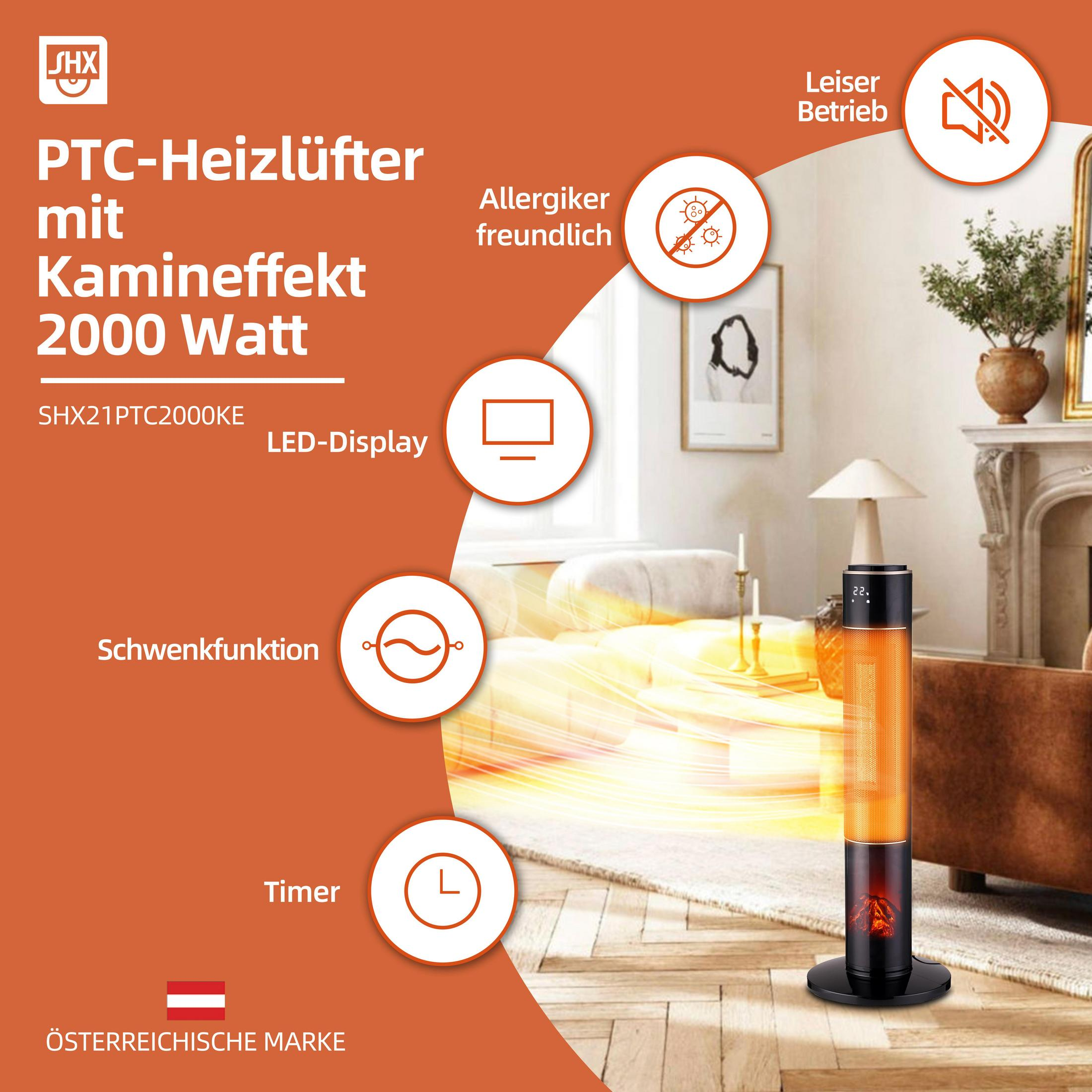 PTC-Heizlüfter mit LED-Display, Schwenkfunktion und Kamineffekt in einem modernen Wohnzimmer.