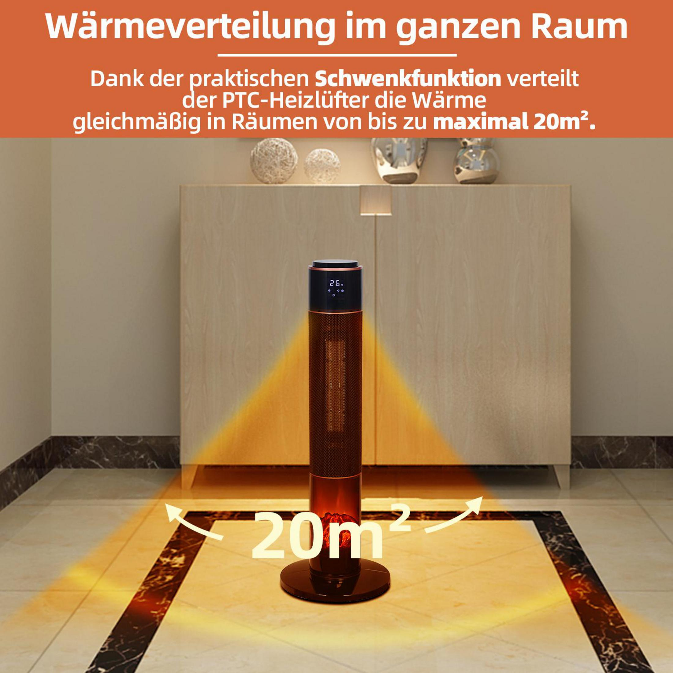 Ein zylindrischer PTC-Heizlüfter steht auf einem gefliesten Boden und strahlt Wärme in einem Raum aus.