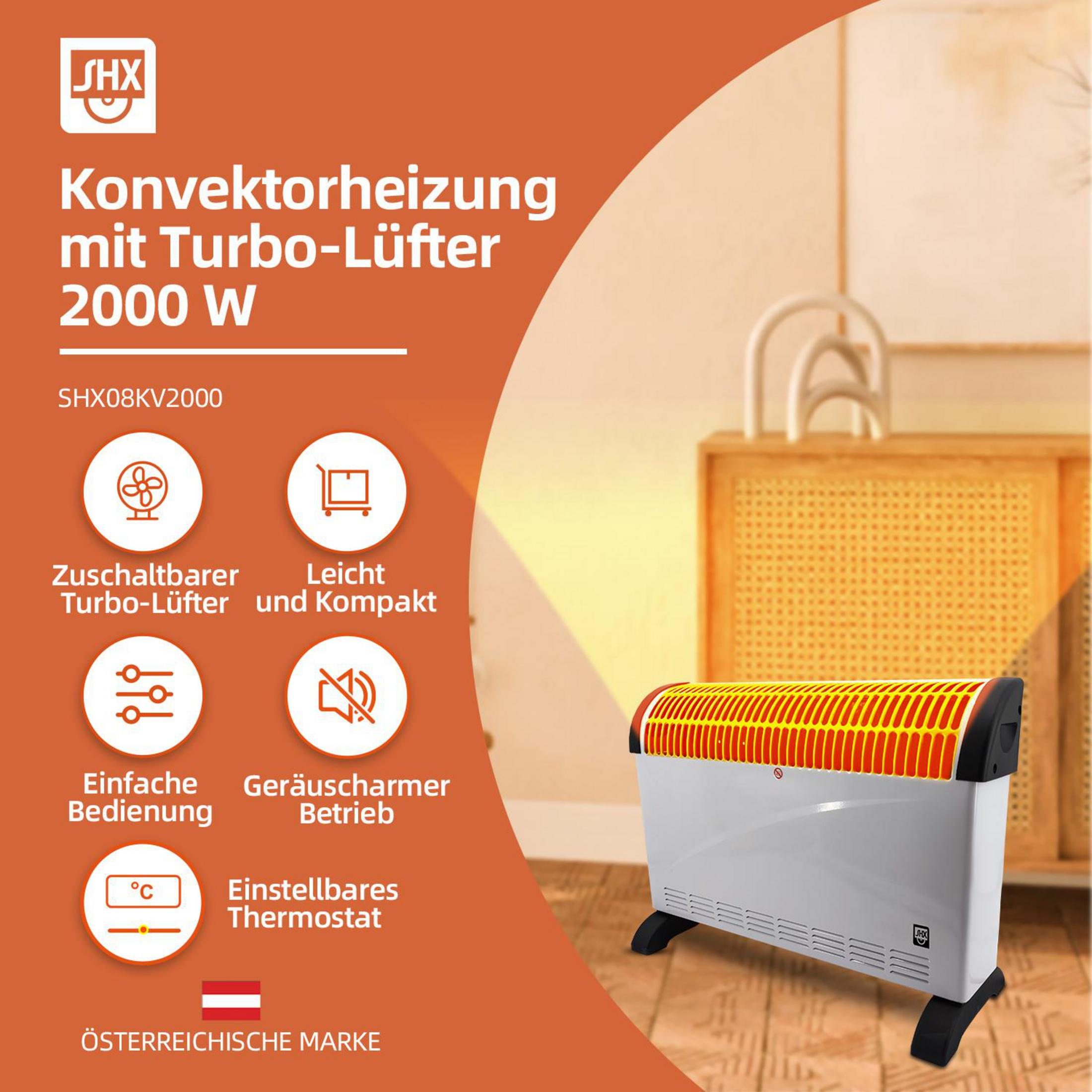 Ein weiß-schwarzer Konvektorheizer mit orangem Gitter steht in einem Raum, links Text und Icons.
