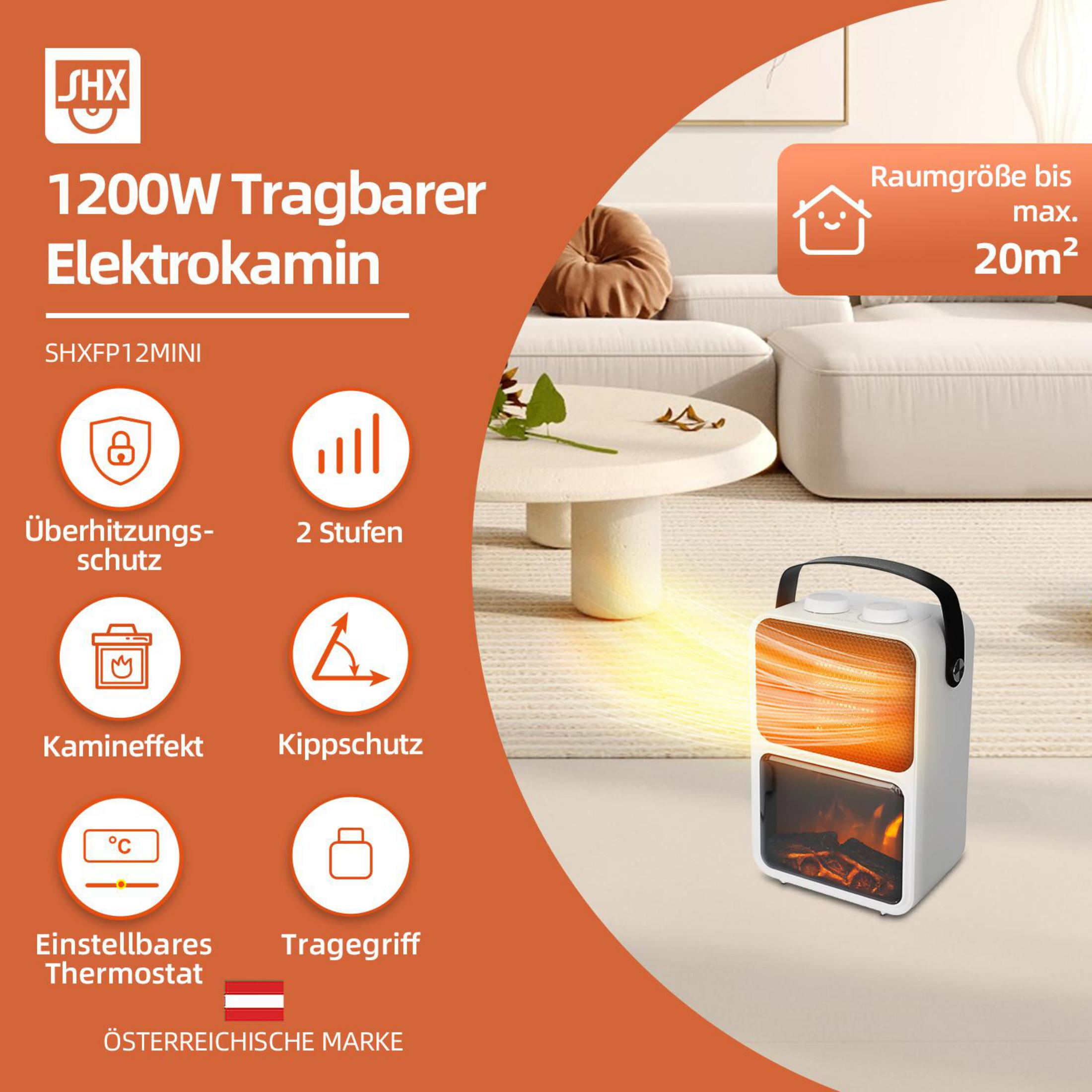 Produktwerbung für einen tragbaren 1200W Elektrokamin mit Flammenoptik und Raumnutzung bis 20m².