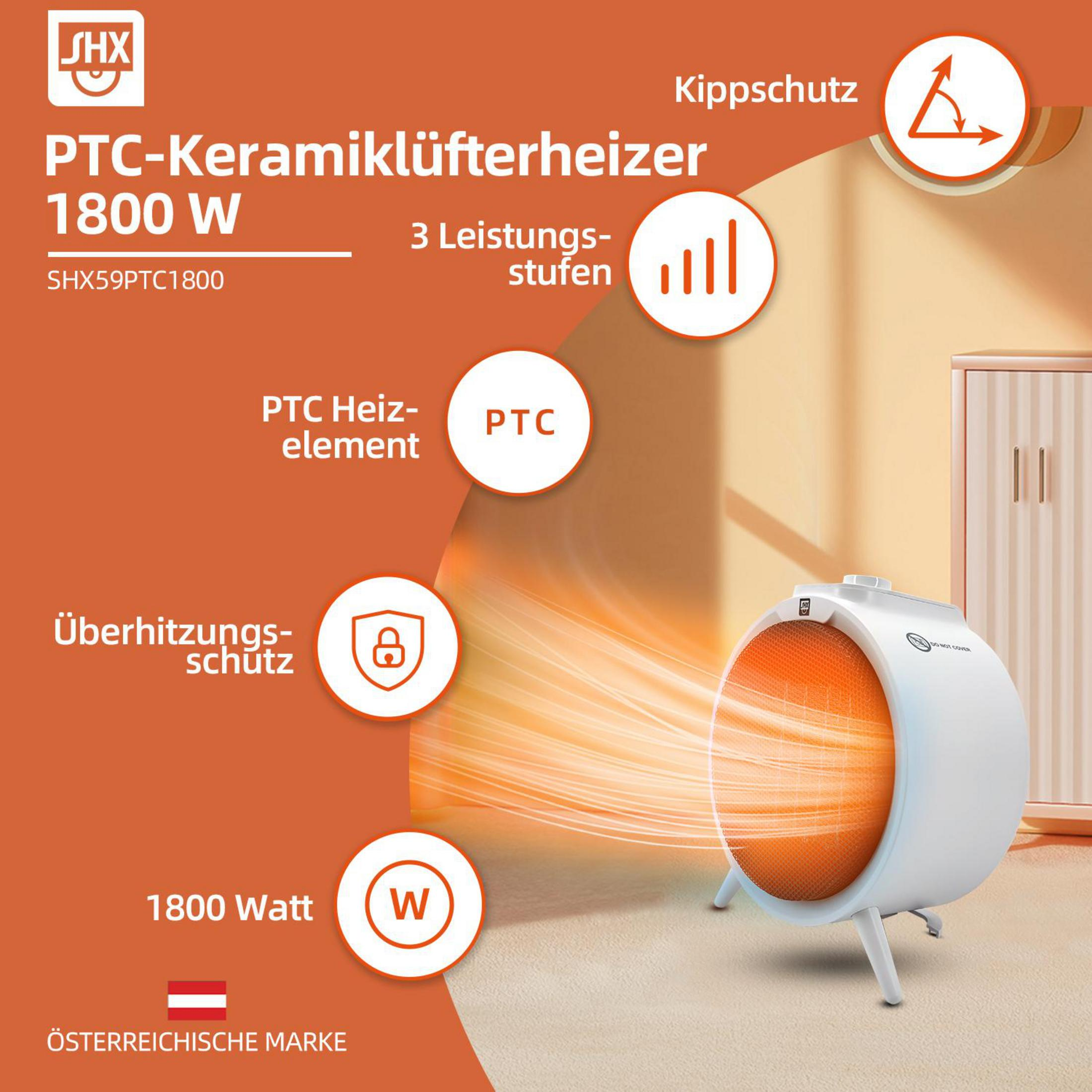 Ein weißer 1800W PTC-Keramiklüfterheizer strahlt Wärme aus, mit Icons für Funktionen auf orangefarbenem Hintergrund.