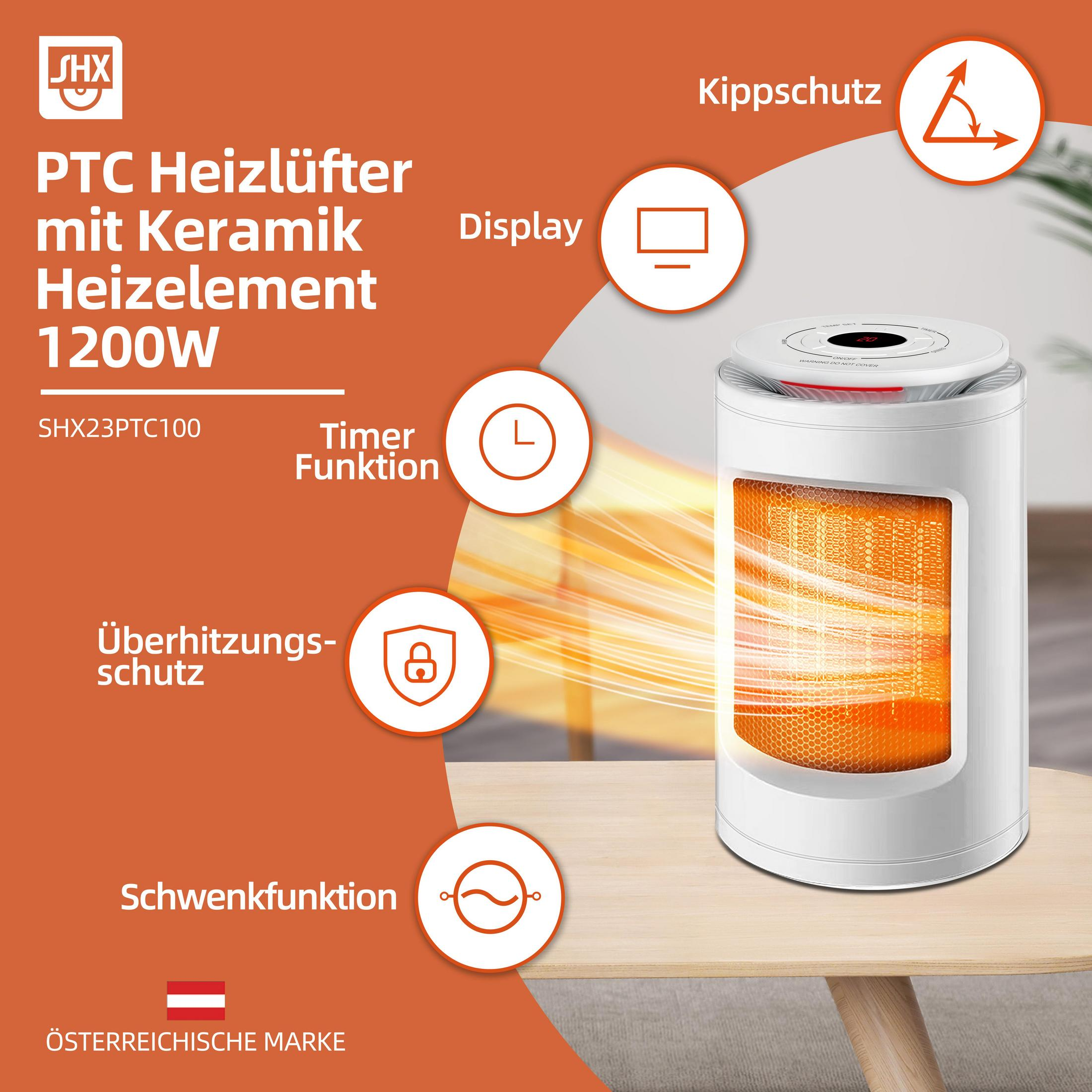 Ein weißer PTC-Heizlüfter mit Keramik-Heizelement und Symbolen für Funktionen auf orangem Hintergrund.