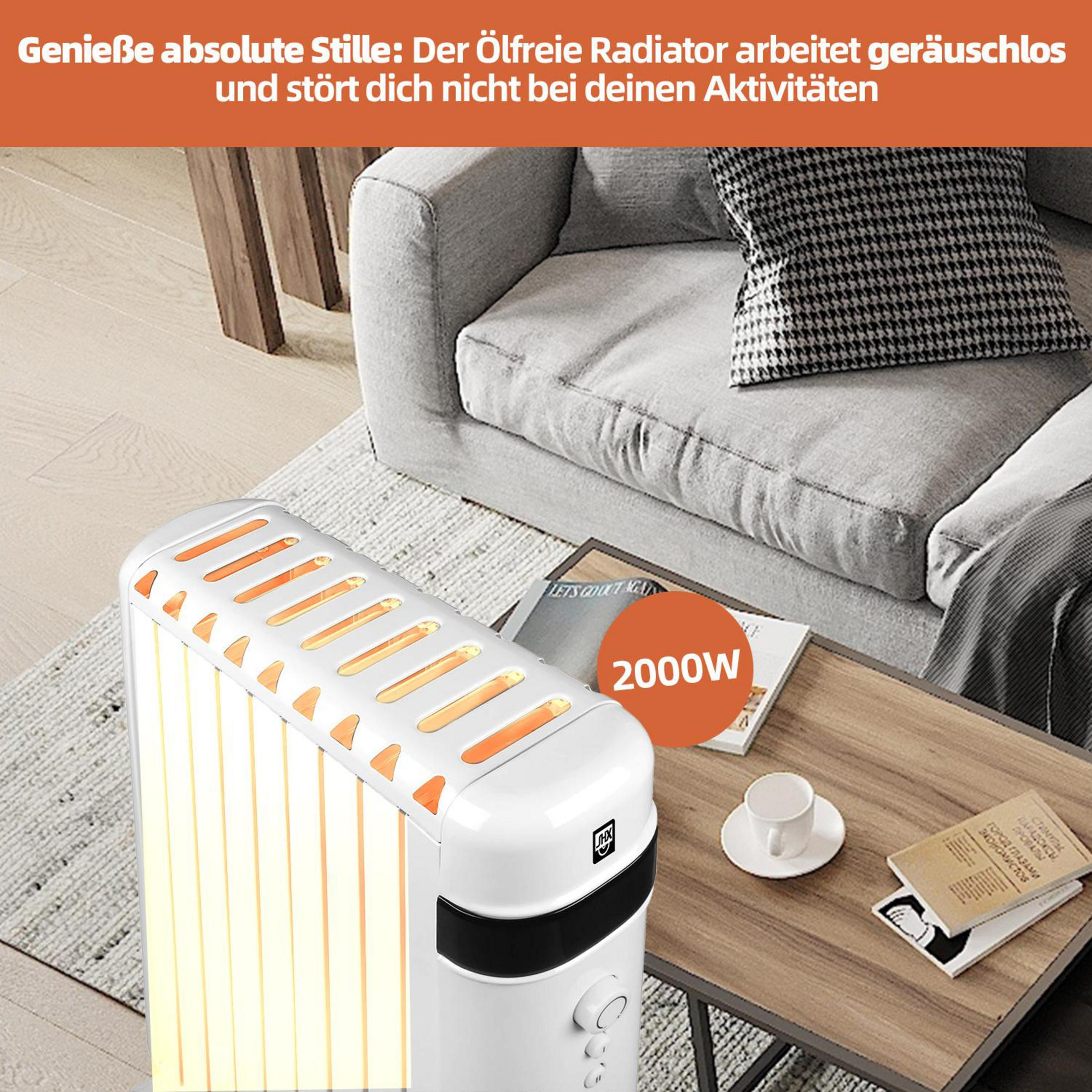Un radiatore bianco da 2000W si trova in un accogliente soggiorno accanto a un divano.