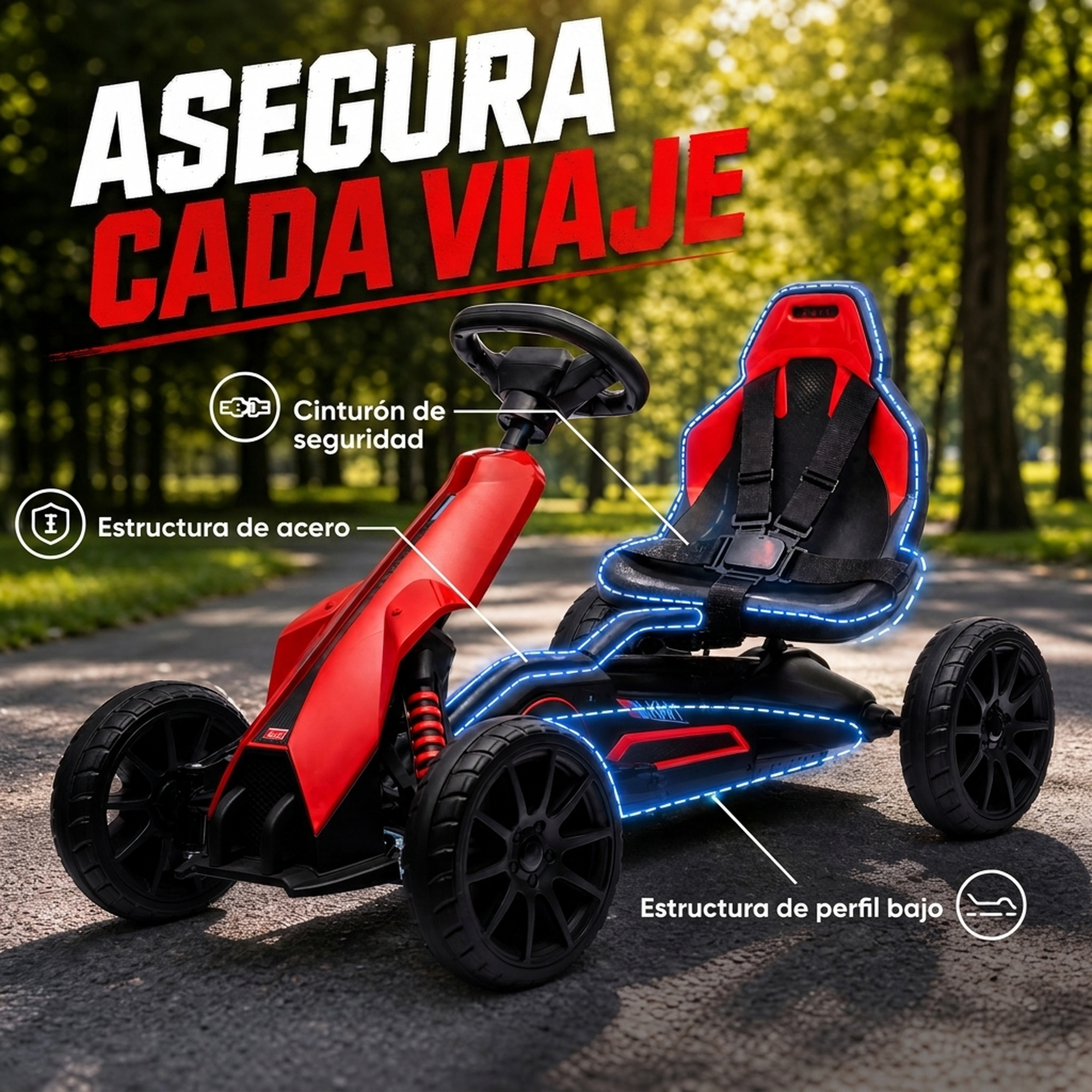 Un kart rojo y negro en un camino pavimentado con textos en español que señalan características de seguridad y estructura.