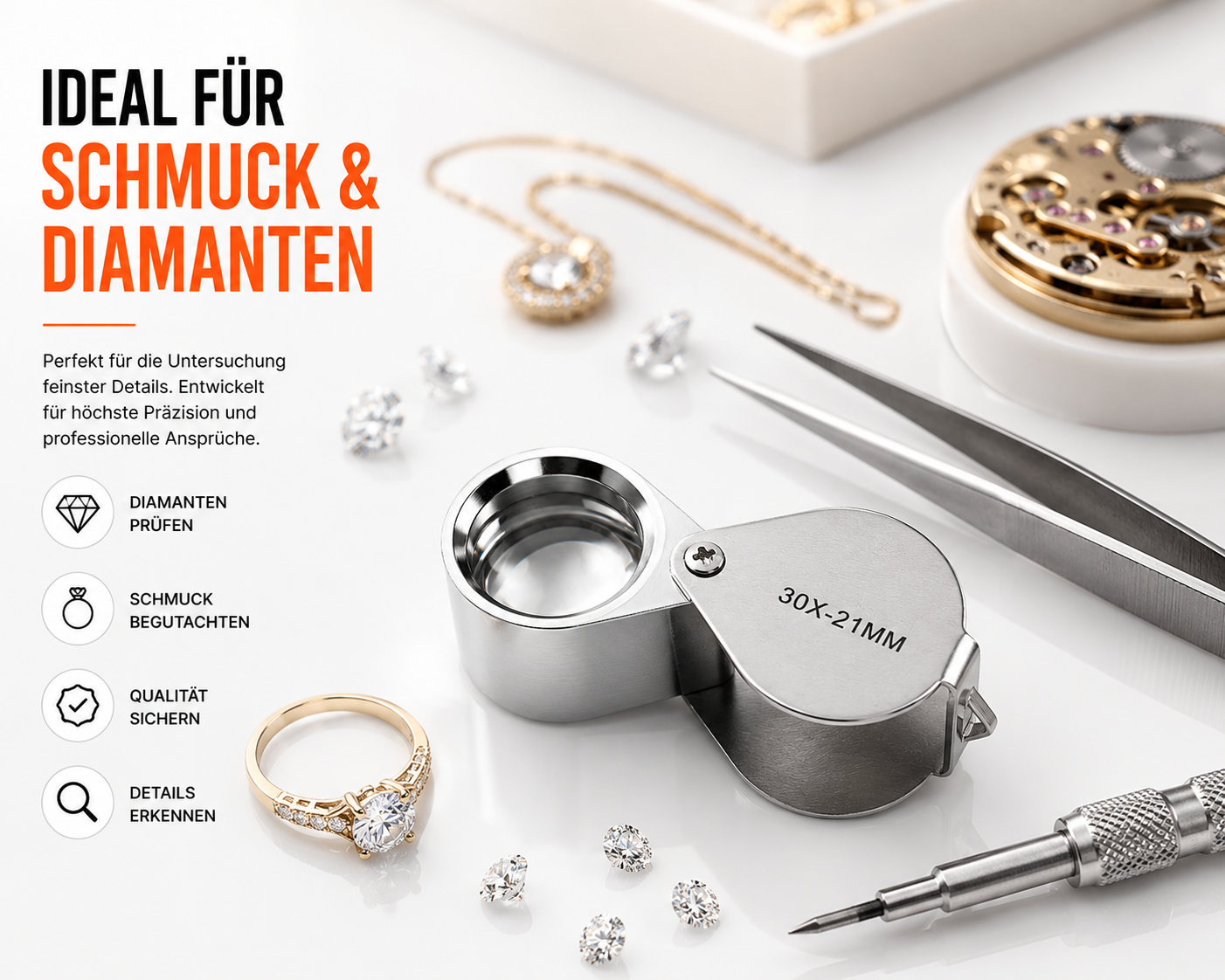 Eine Juwelenlupe, ein Goldring, Diamanten, eine Pinzette und Uhrenteile liegen auf einer weißen Oberfläche.